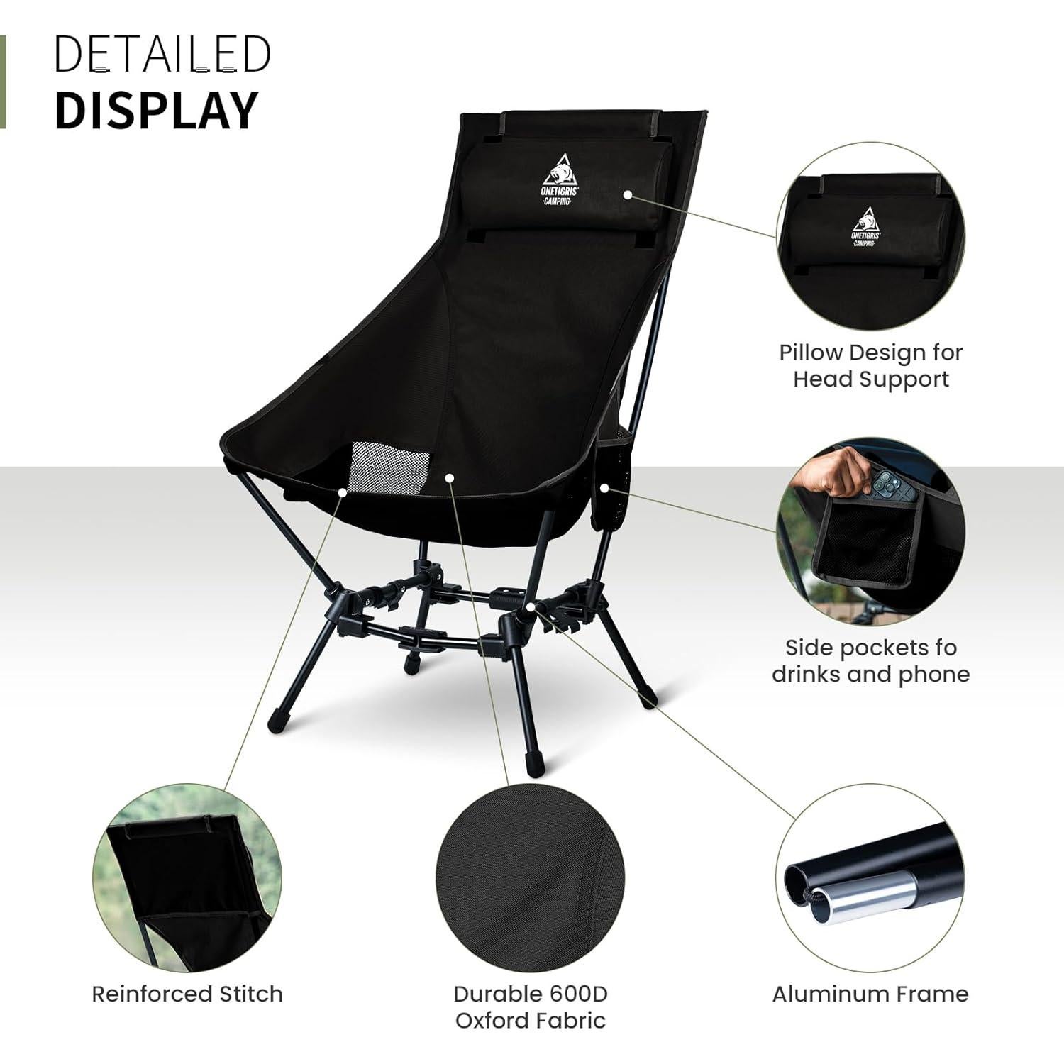 Silla de Camping Plegable ONETIGRIS Dragonhide 125 kg Negra