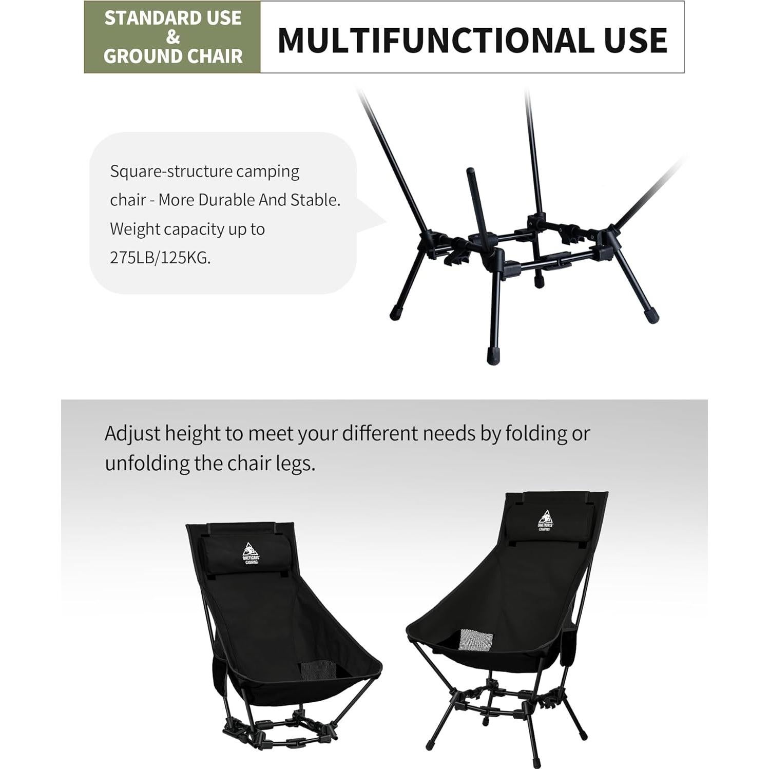 Silla de Camping Plegable ONETIGRIS Dragonhide 125 kg Negra