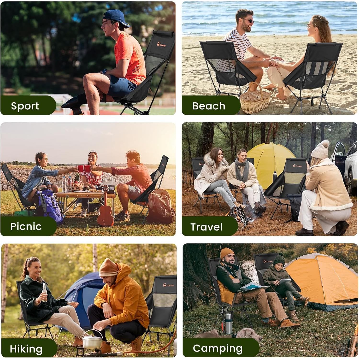 Folding High Back Camping Chair for Outside,Portable Camp Chair for Adults, Lightweight Compact with Carry Bag, for Hiking Lawn Picnic&Fishing(Black)