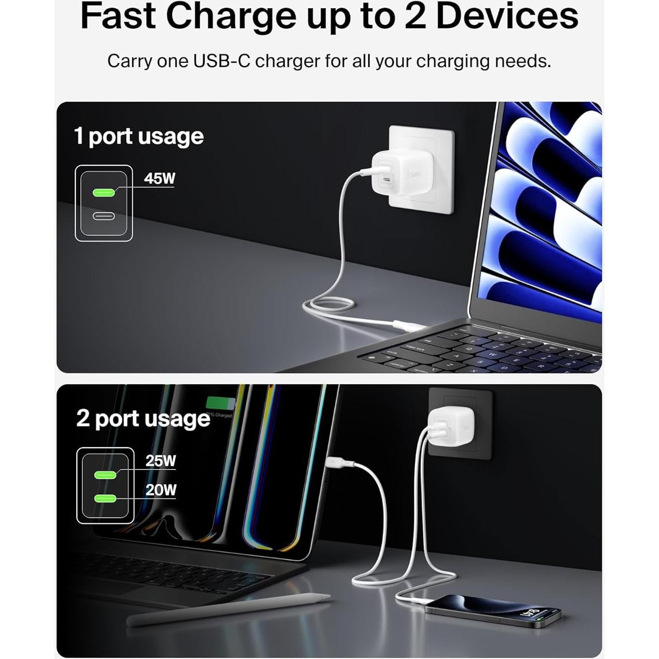 Cargador de pared Belkin 45W con 2 puertos USB-C - Blanco