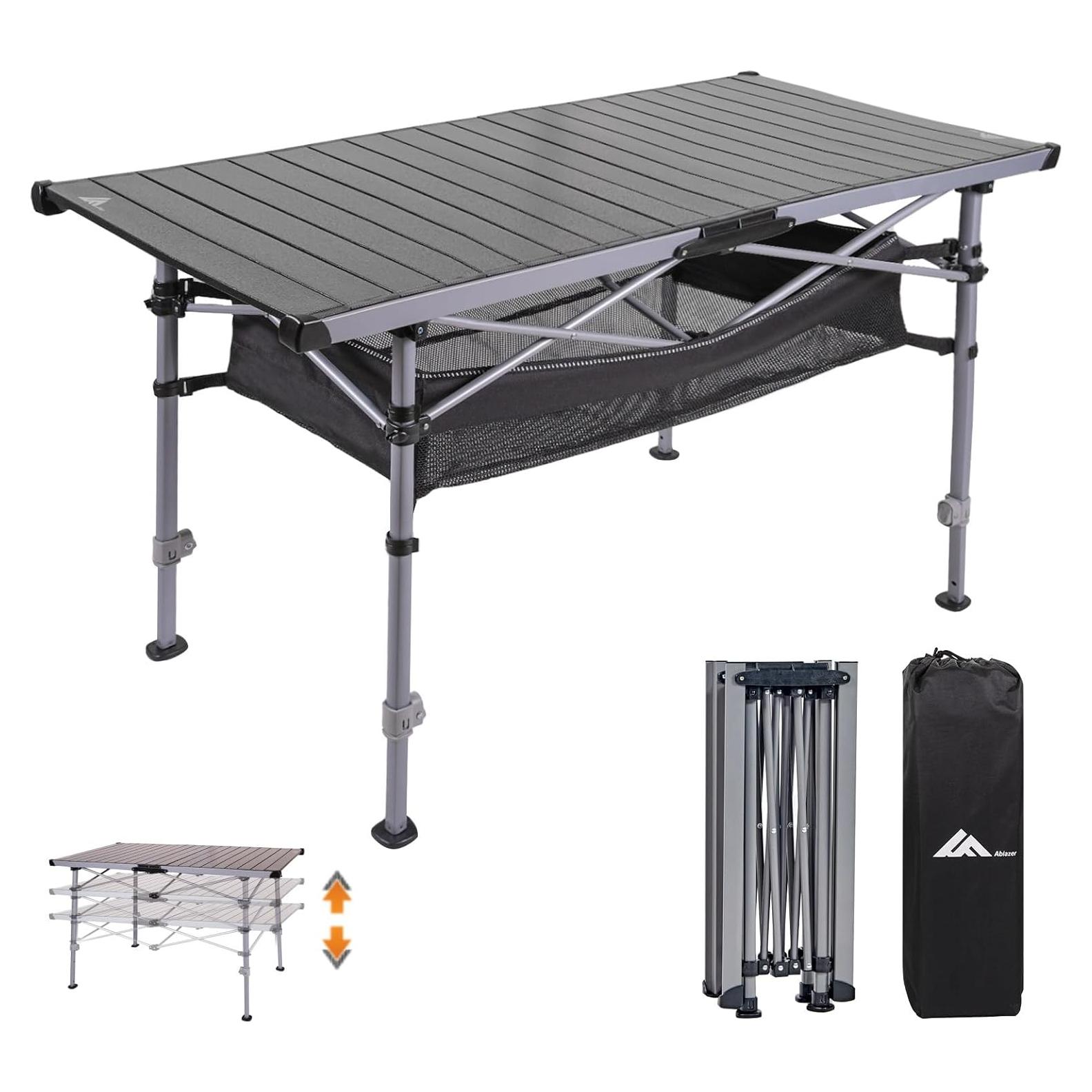 Ablazer Camping Table with Carry Bag, Adjustable Height Portable Table for Outdoor, Camping, Picnic, Beach, Aluminum Picnic Roll-up Table for 4-6 Person