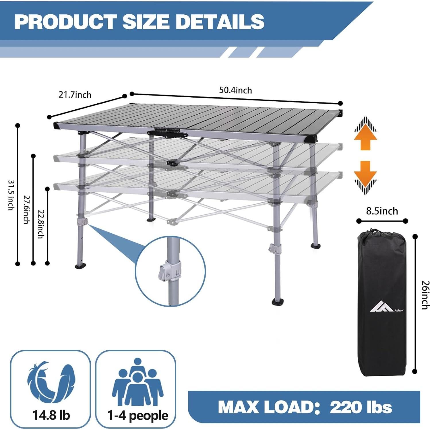 Ablazer Camping Table with Carry Bag, Adjustable Height Portable Table for Outdoor, Camping, Picnic, Beach, Aluminum Picnic Roll-up Table for 4-6 Person