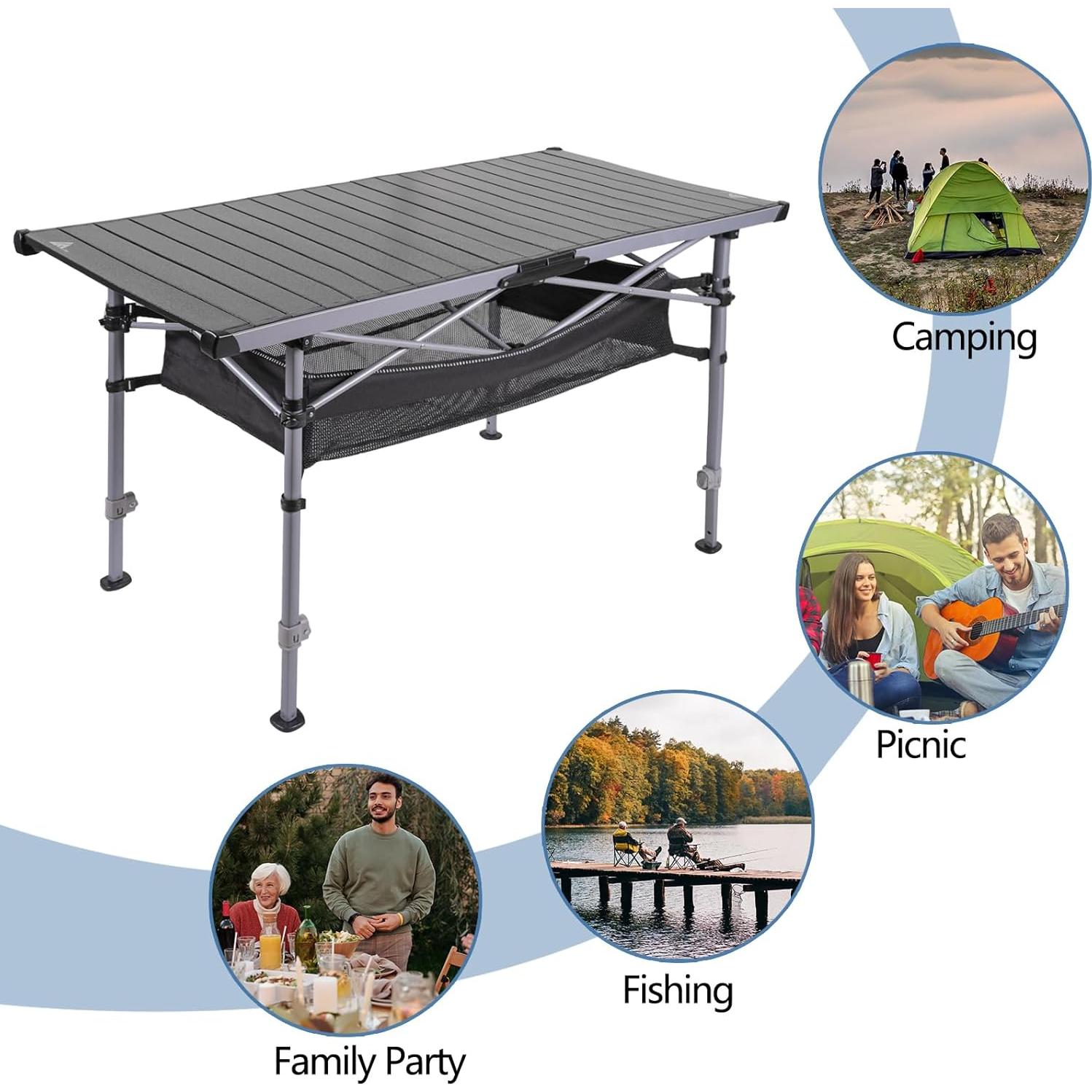 Ablazer Camping Table with Carry Bag, Adjustable Height Portable Table for Outdoor, Camping, Picnic, Beach, Aluminum Picnic Roll-up Table for 4-6 Person