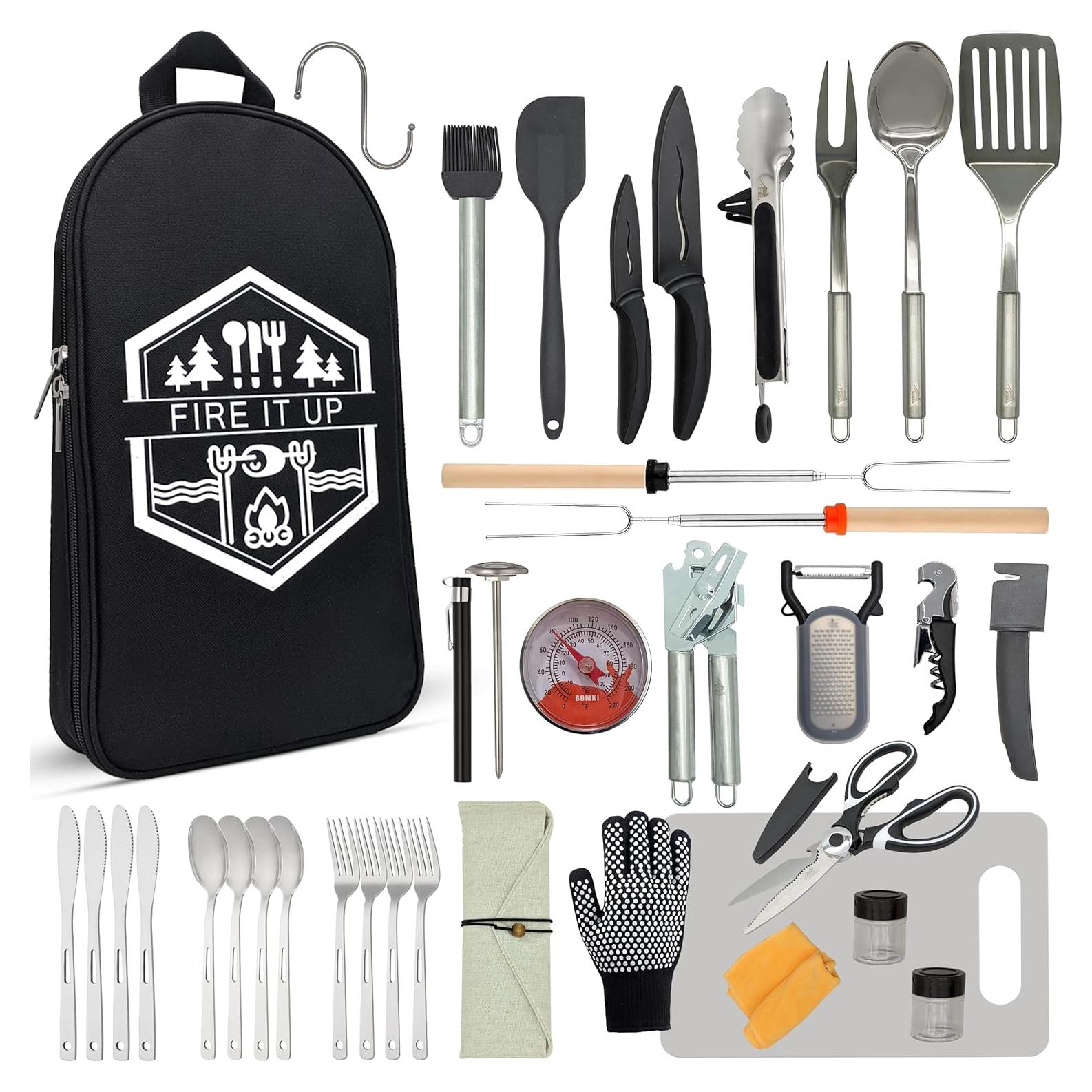 BOMKI Grilling and Camping Cooking Utensils Set for The Outdoors BBQ - Camping Utensil Set Camping Kitchen Set Cookware Accessories Camping Essentials Camping Stuff Camp Cooking Set (Black Pro)