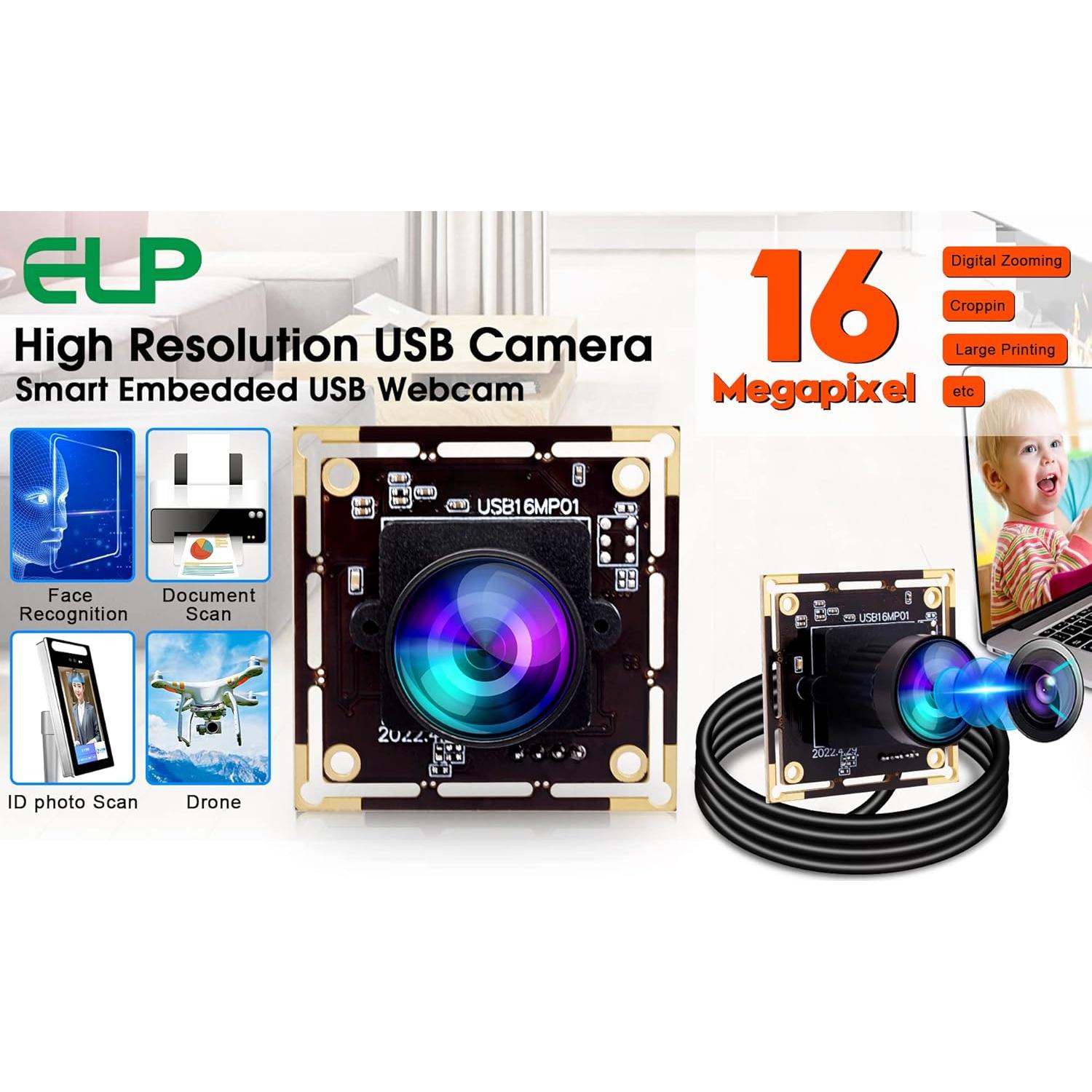 Cámara USB ELP 16MP con Lente Ojo de Pez 170° para Raspberry Pi