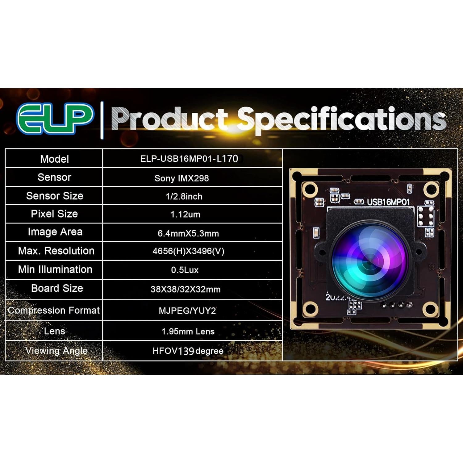 Cámara USB ELP 16MP con Lente Ojo de Pez 170° para Raspberry Pi