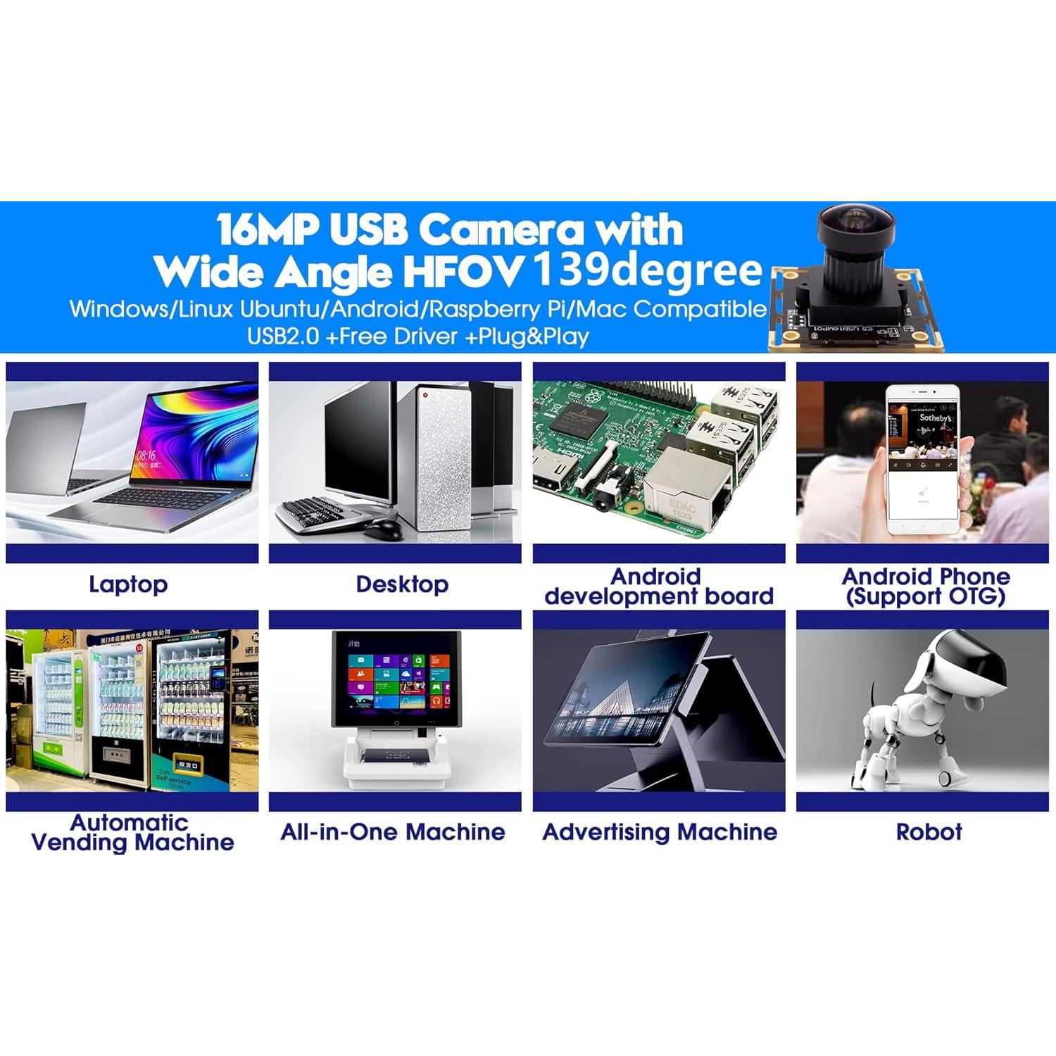 Cámara USB ELP 16MP con Lente Ojo de Pez 170° para Raspberry Pi