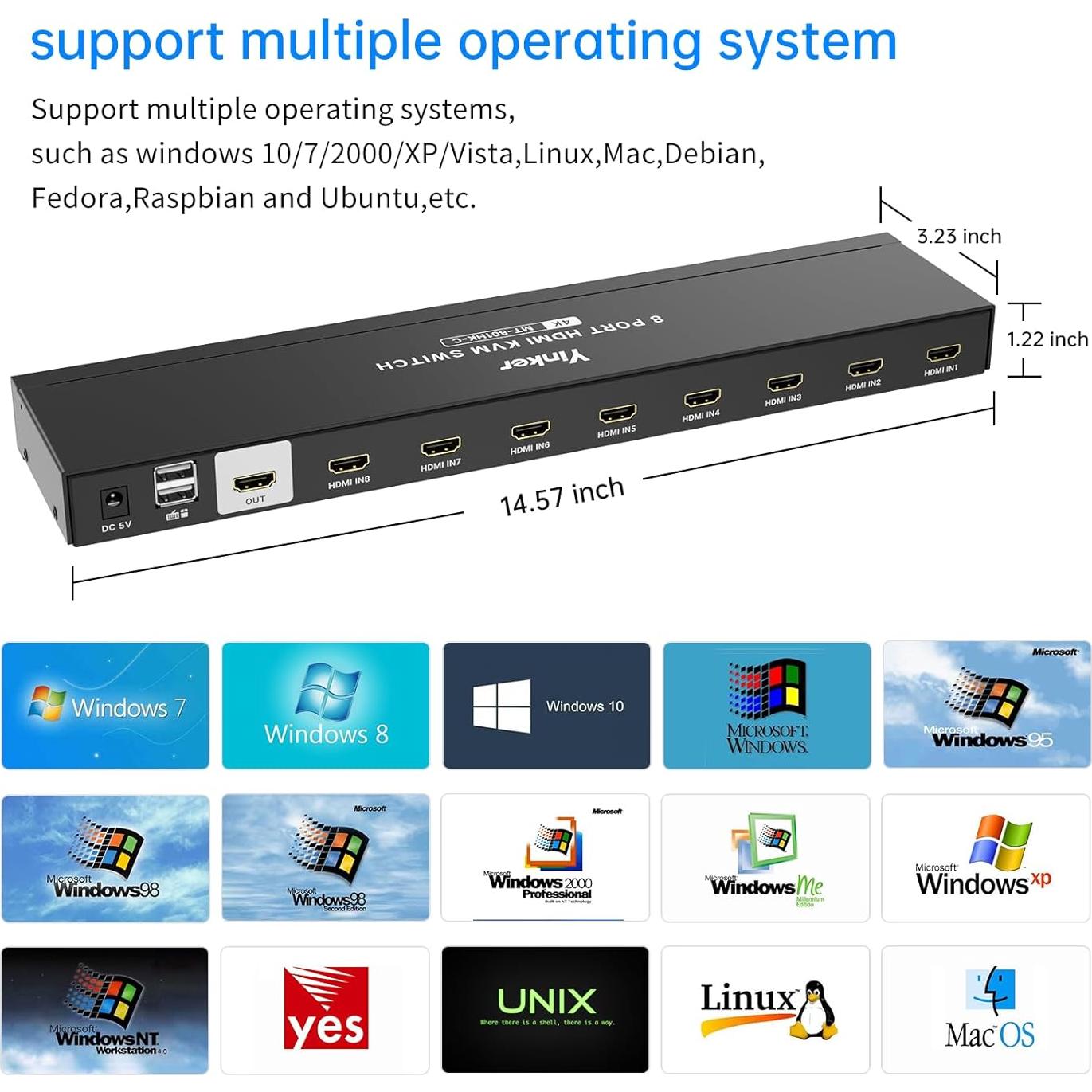 Conmutador KVM HDMI 8 Puertos Yinker 4K 30Hz USB 2.0