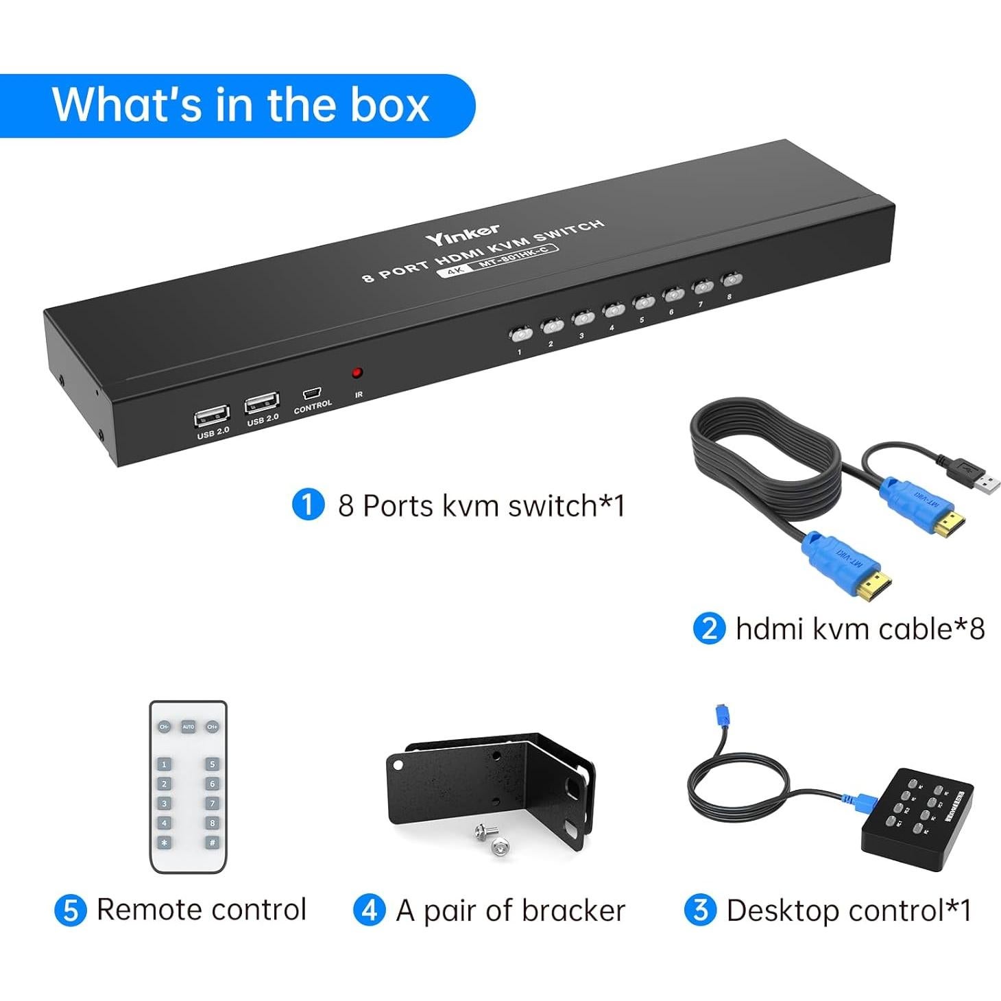 Conmutador KVM HDMI 8 Puertos Yinker 4K 30Hz USB 2.0