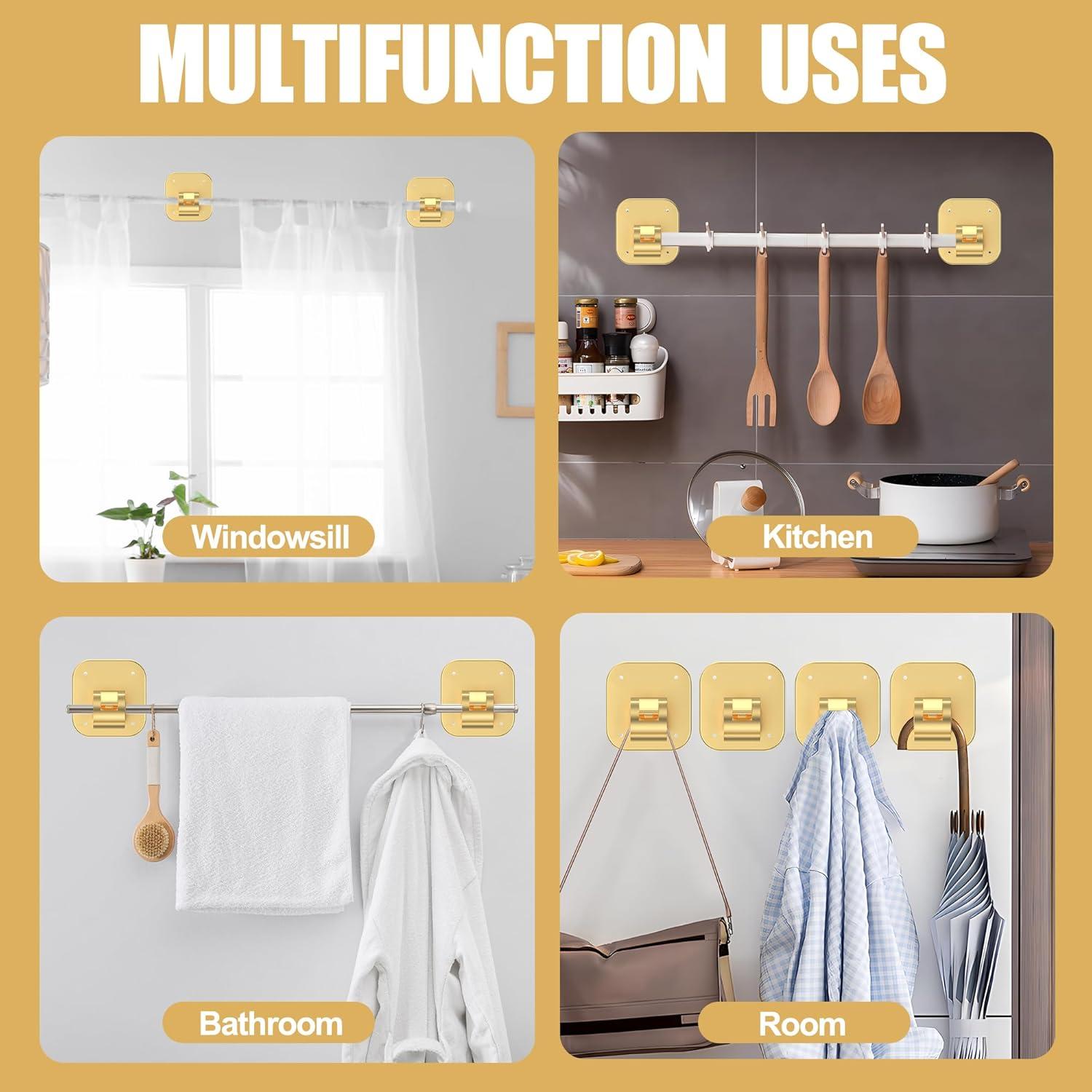 4 PCS Soportes Adhesivos para Cortinas JHCJHC Oro Sin Perforación