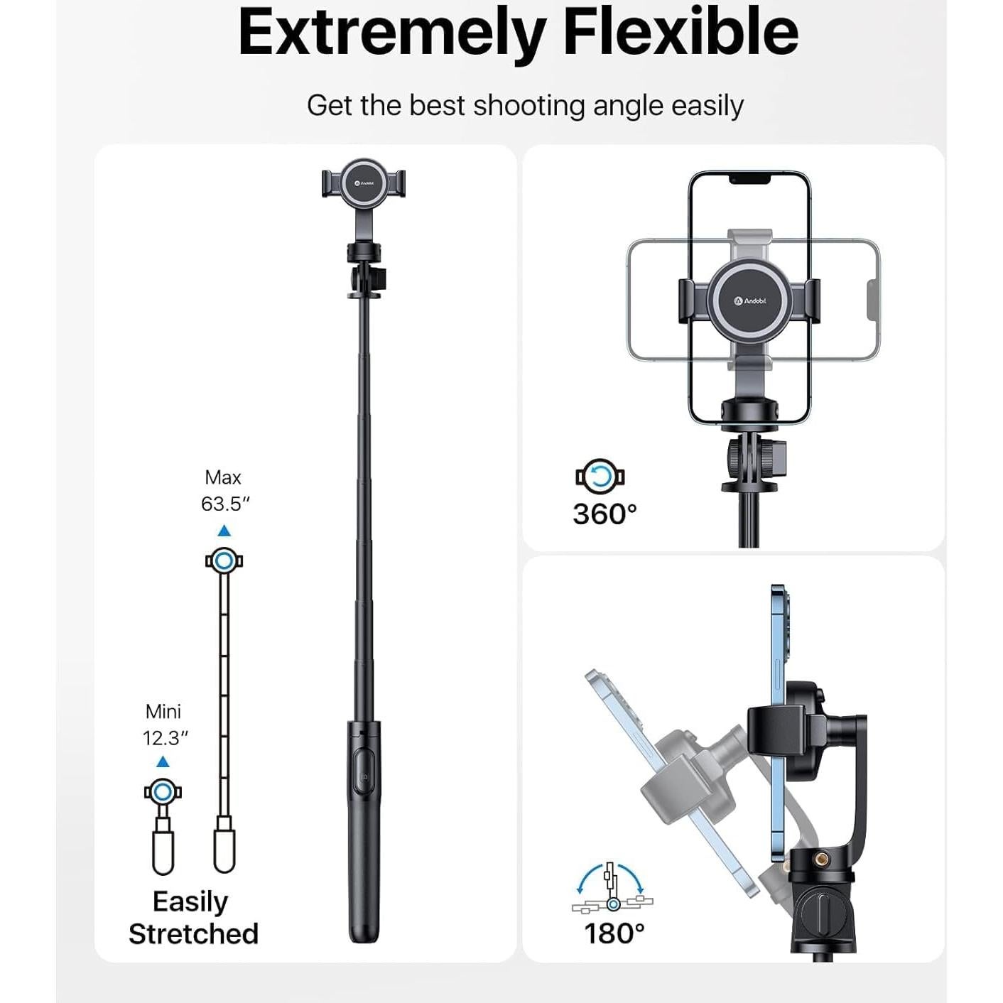 andobil MagStick Selfie Stick Compatible with MagSafe [Redefined Phone Tripod] 63.5" Extendable Magnetic Cell Phone Tripod Stand with Wireless Remote for iPhone 15 14 13 12 & All Phones