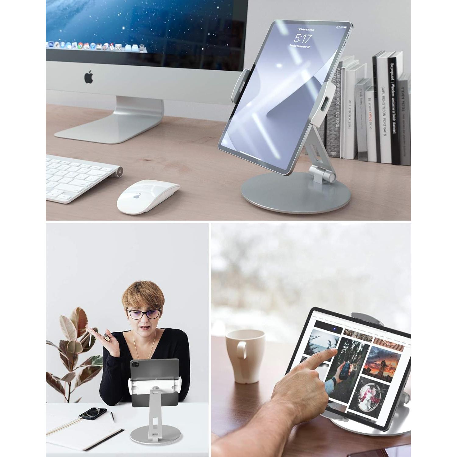 Stouchi Tablet Stand, 360°Tablet Swivel Base Holder Galaxy Tab S8, Adjustable Desk Mount for iPad Mini 2021,Galaxy S22, POS Kiosk, Surface Pro 4, iPad Pro/Air fits 4-14” Tablet & Phone Silver