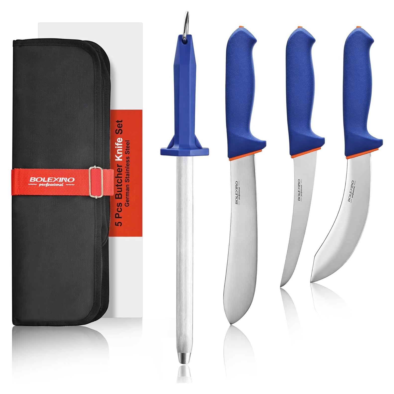 5 PCS Professional Butcher Knife Set W/Non-slip Softgrip, incl. 8"Butcher Knife, 6" Skinning Knife, 6" Boning Knife For Meat Cutting, 10" Knife Sharpener Rod & Knife Roll Bag, X50CrMoV15 German Steel