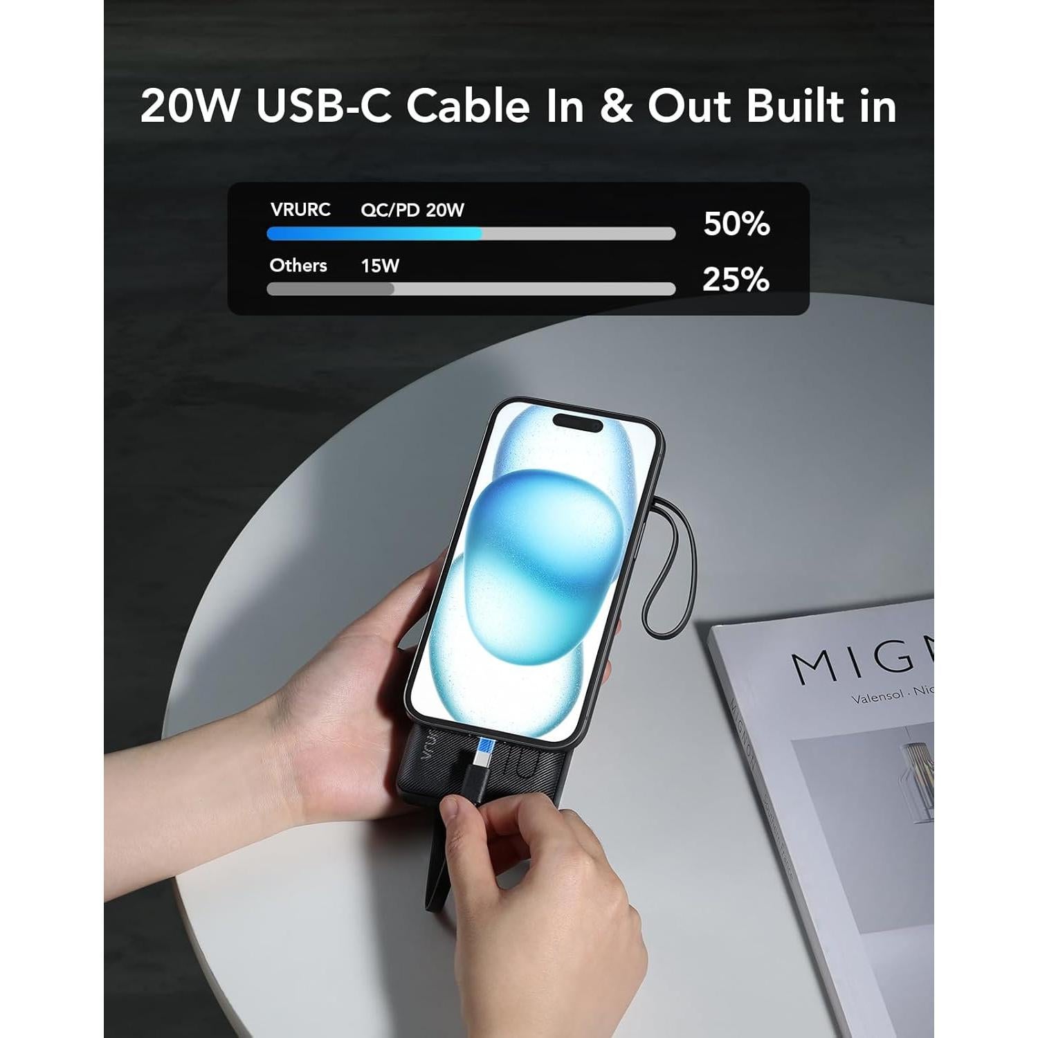 Cargador Portátil VRURC 10000mAh 22.5W Carga Rápida USB-C Negro