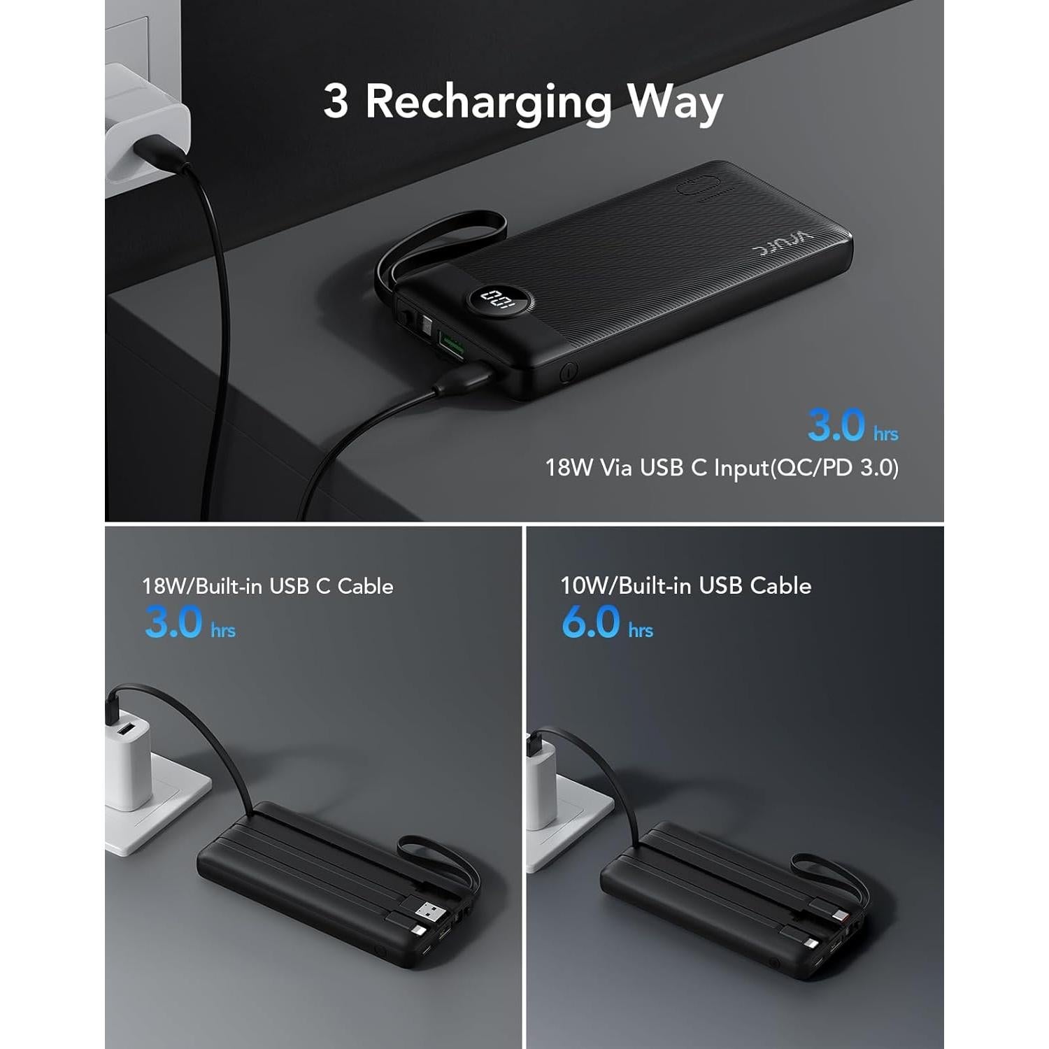 Cargador Portátil VRURC 10000mAh 22.5W Carga Rápida USB-C Negro