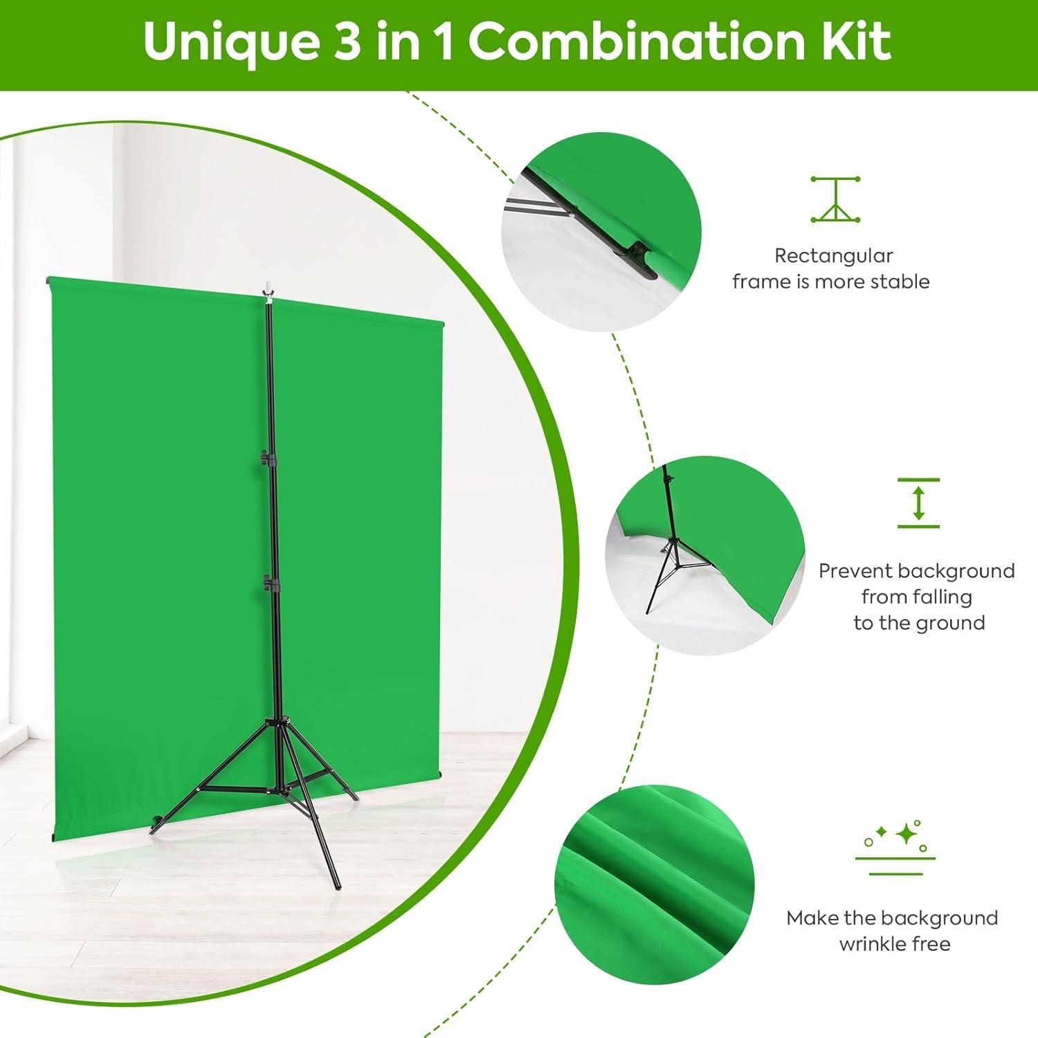 Green Screen Backdrop Kit with Stand, Huzofexo 6.5x5ft Portable Stable Photography Greenscreen Support Stand Kit Chromakey Background for Photo Studio,Video,Product Portrait, Streaming, Gaming