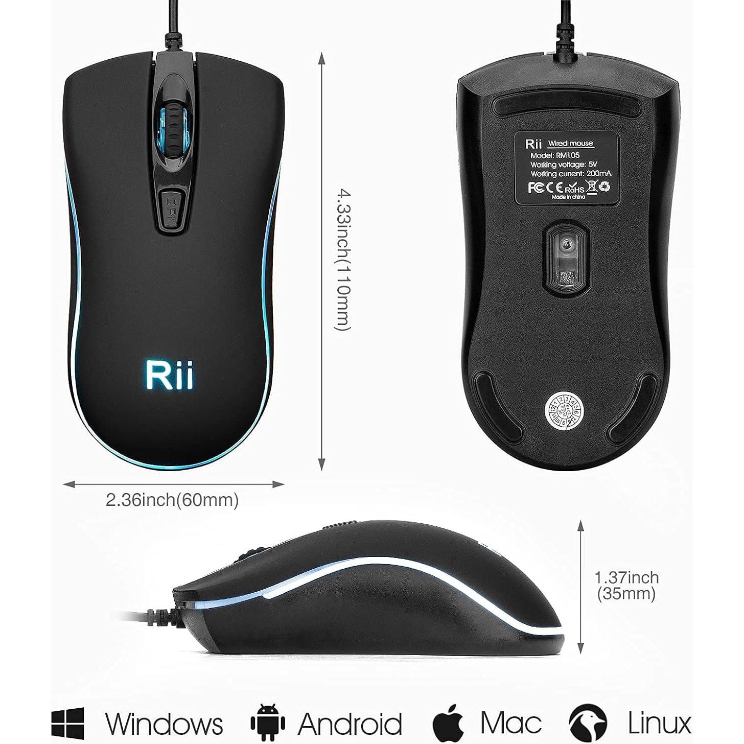 Ratón con Cable Rii RM105 RGB Ergonómico 102g