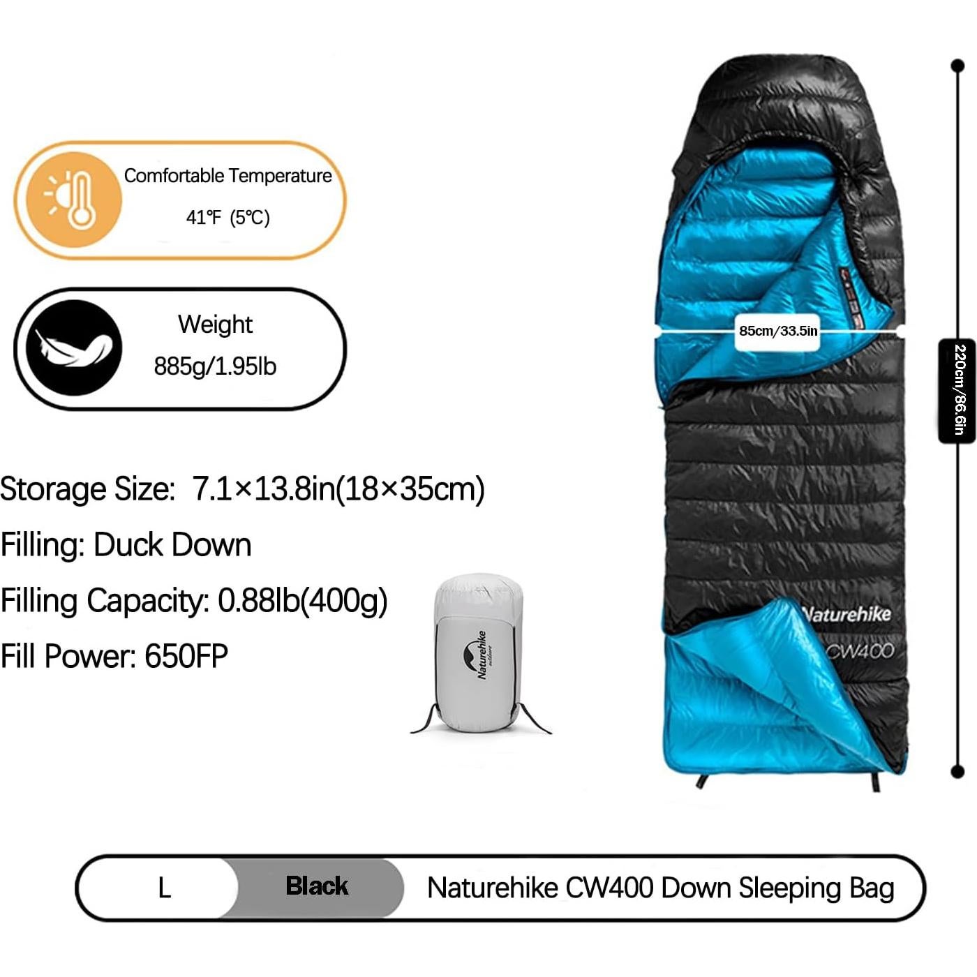 Saco de dormir plumas Naturehike CW400-1 220x85cm para 5°C