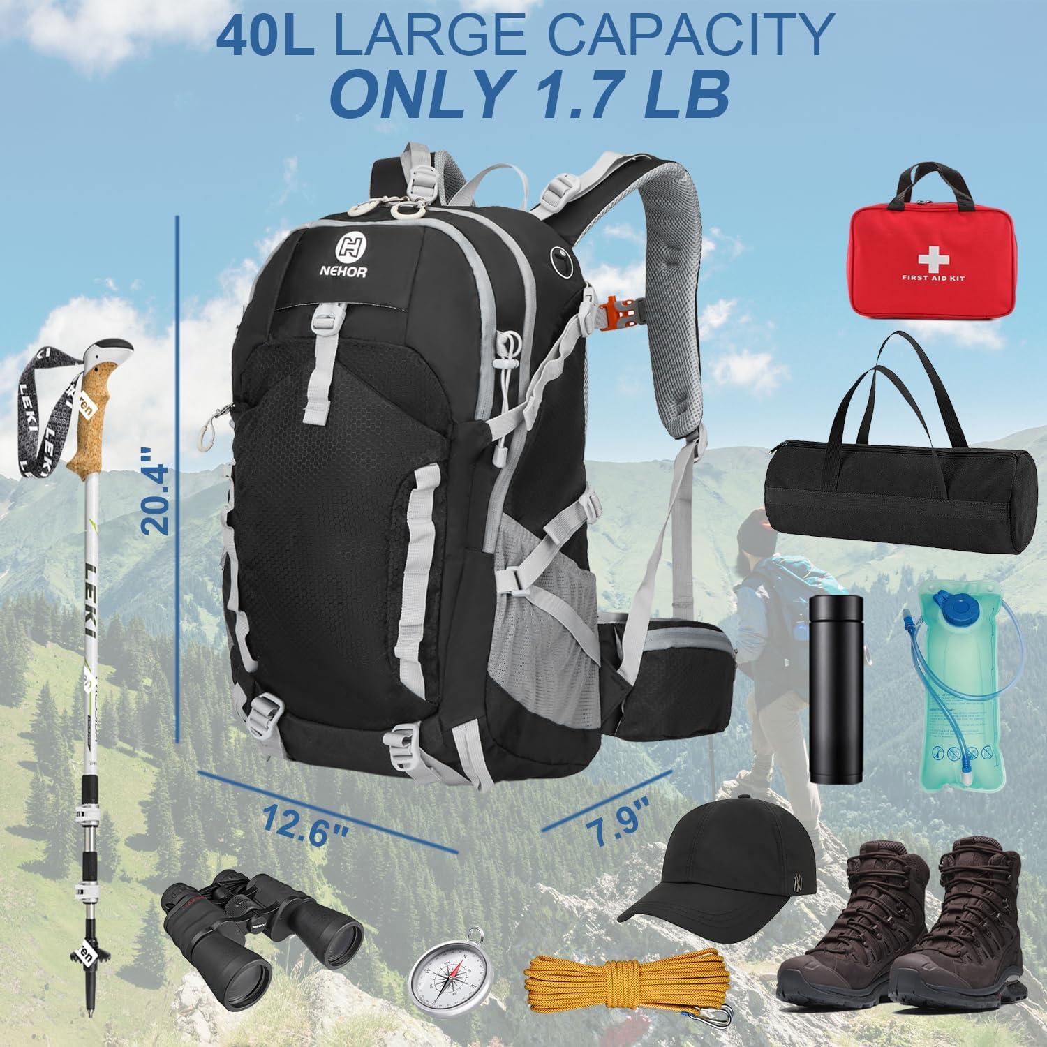 Mochila de Senderismo NEHOR 40L Resistente al Agua Negra