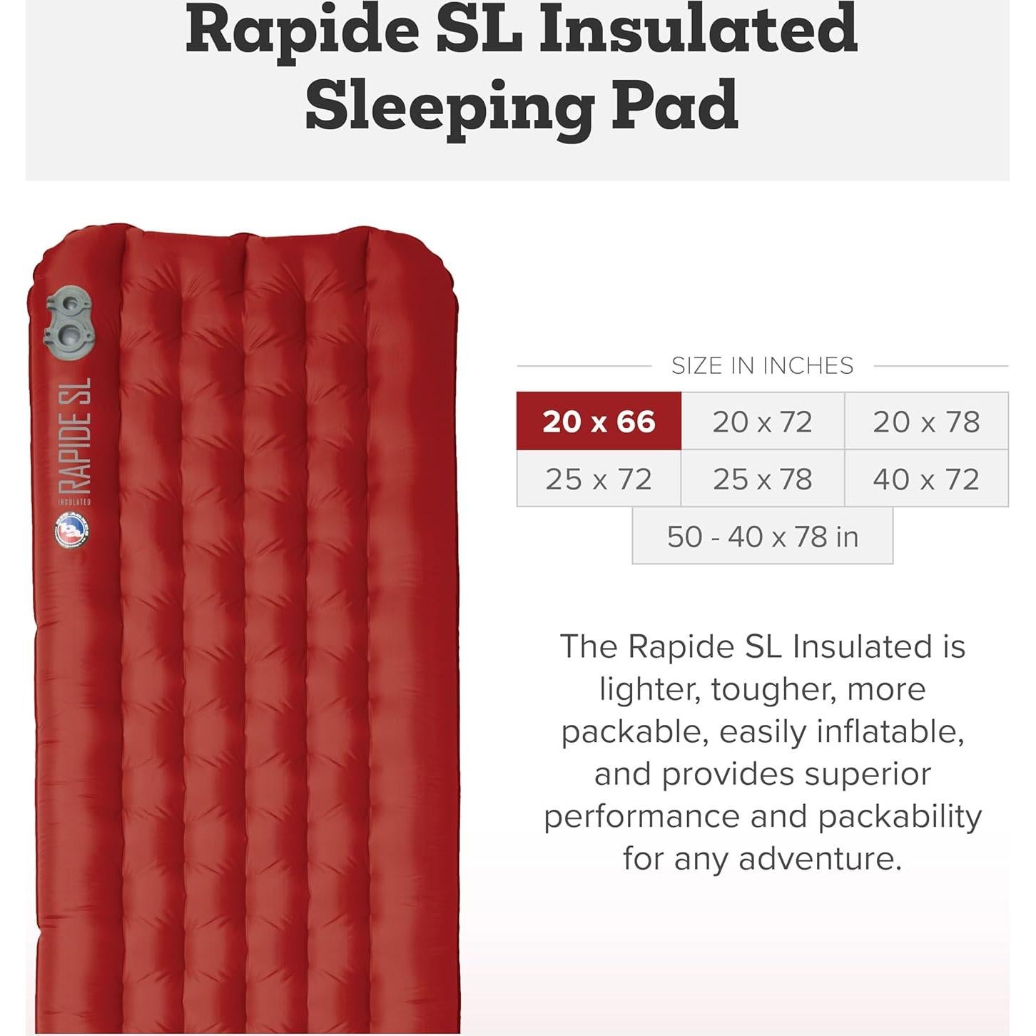 Big Agnes Rapide SL - Insulated Sleeping Pad, Ultralight, All Season Compact Backpacking and Hiking, Pumphouse Sack Included, Orange, 20x66 Petite