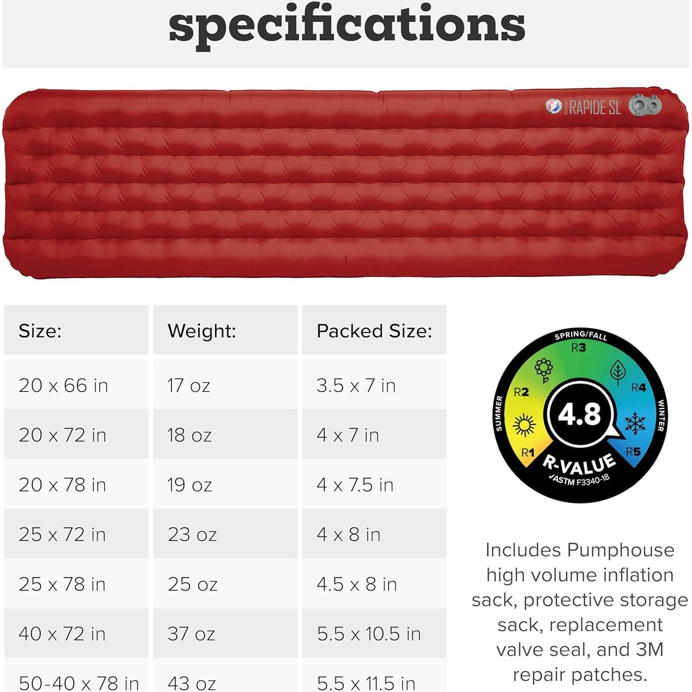 Big Agnes Rapide SL - Insulated Sleeping Pad, Ultralight, All Season Compact Backpacking and Hiking, Pumphouse Sack Included, Orange, 20x66 Petite