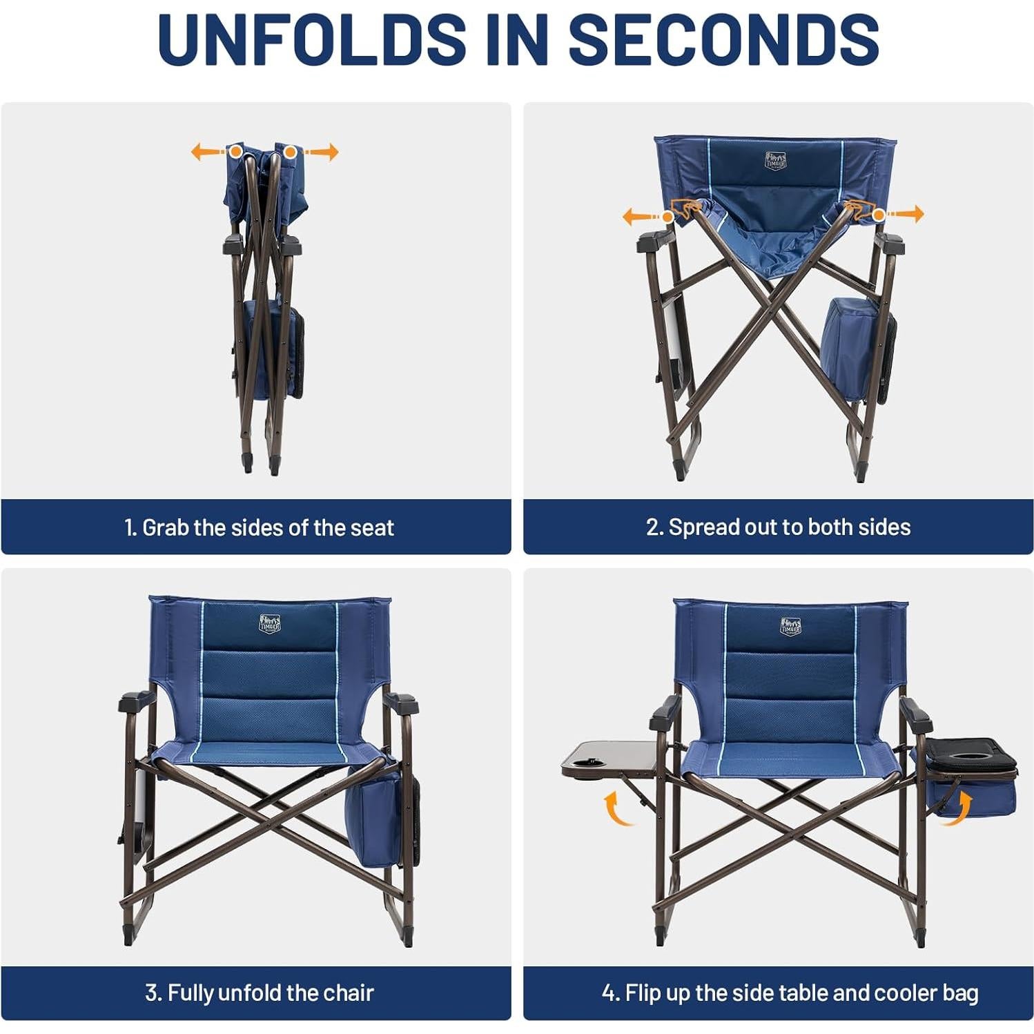 TIMBER RIDGE XXL Oversized Directors Chair 600lbs - Heavy Duty Camping Chair with Cooler Bag & Table, Portable Folding Chair with Wide Seat for Tailgating, Patio, Outdoor - Blue