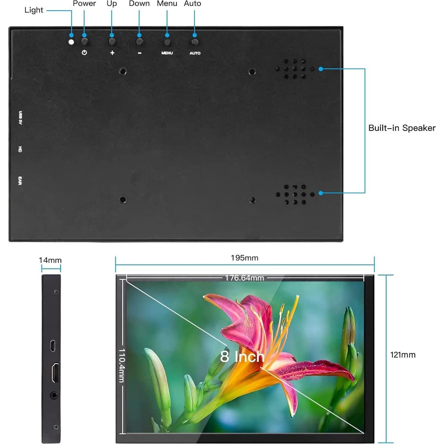 Monitor Portátil ELECROW 8" HD 1280x800 con Altavoces Integrados