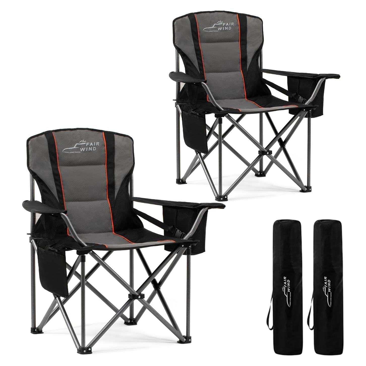 FAIR WIND 2 Pack Oversized Fully Padded Camping Chair with Lumbar Support, Heavy Duty Cooler Bag Fold Chair Support 450 LBS