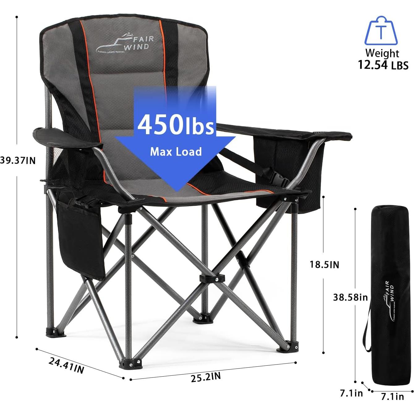 FAIR WIND 2 Pack Oversized Fully Padded Camping Chair with Lumbar Support, Heavy Duty Cooler Bag Fold Chair Support 450 LBS