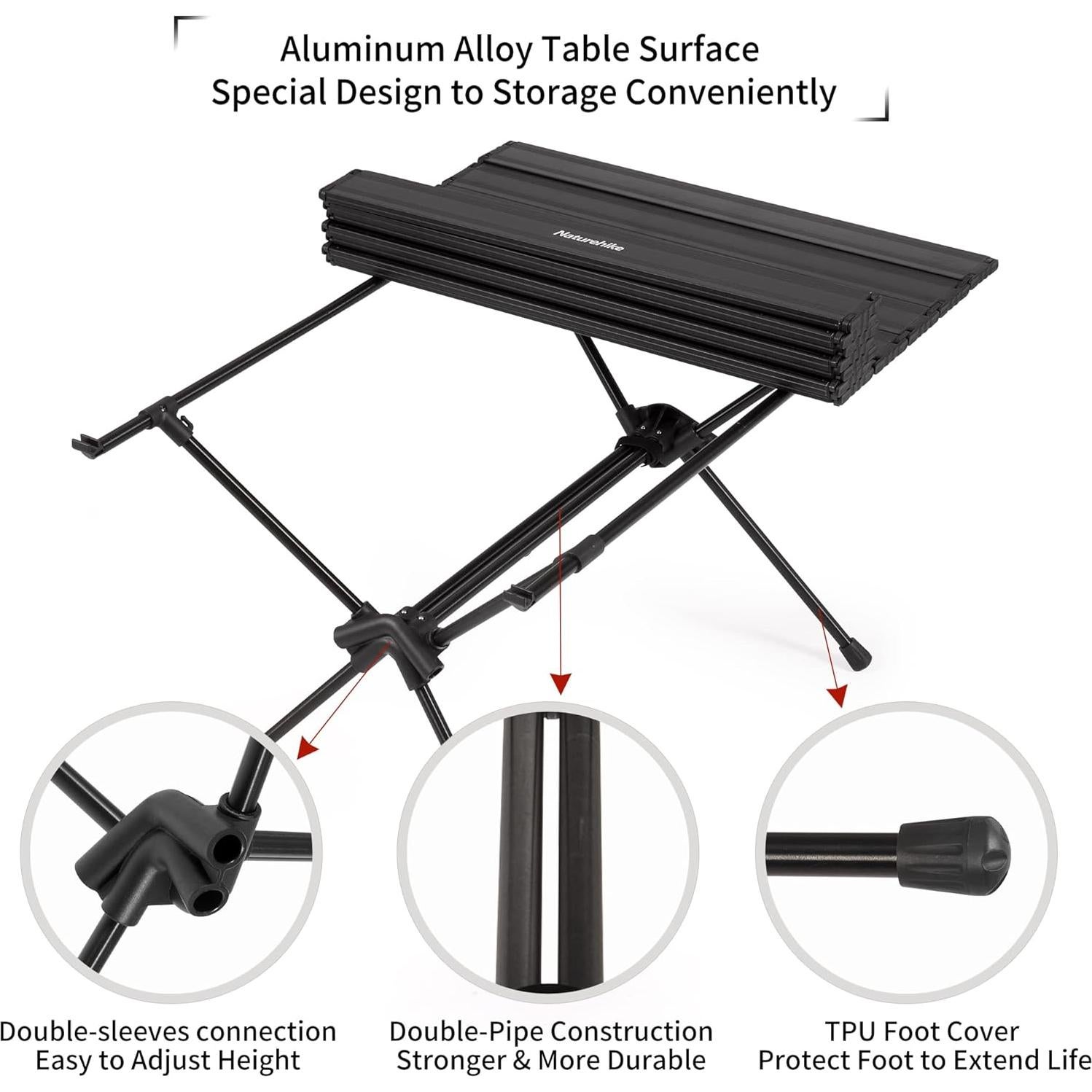 Naturehike FT11 Height Adjustable Camping Table, Ultralight Aluminum Roll Up Table with Carry Bag, Portable Backpacking Camp Table for Hiking Picnic Fishing Beach
