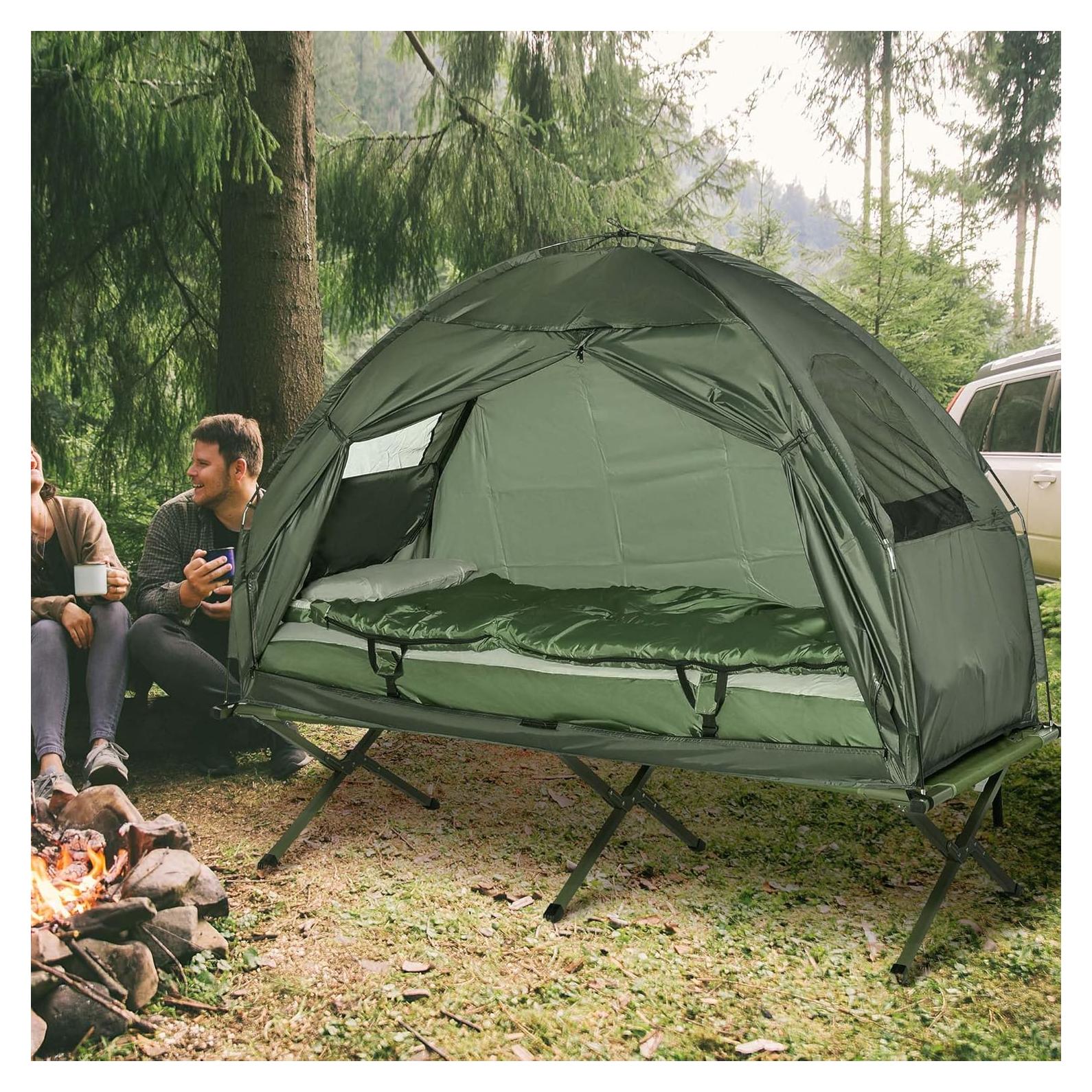 Portable Folding Camping Cot for Adults with Tent - 76" Single Elevated Camp Bed Includes Air Mattress, Sleeping Bag & Foot Pump, Compact & Lightweight for Hiking, Backpacking(76x32)