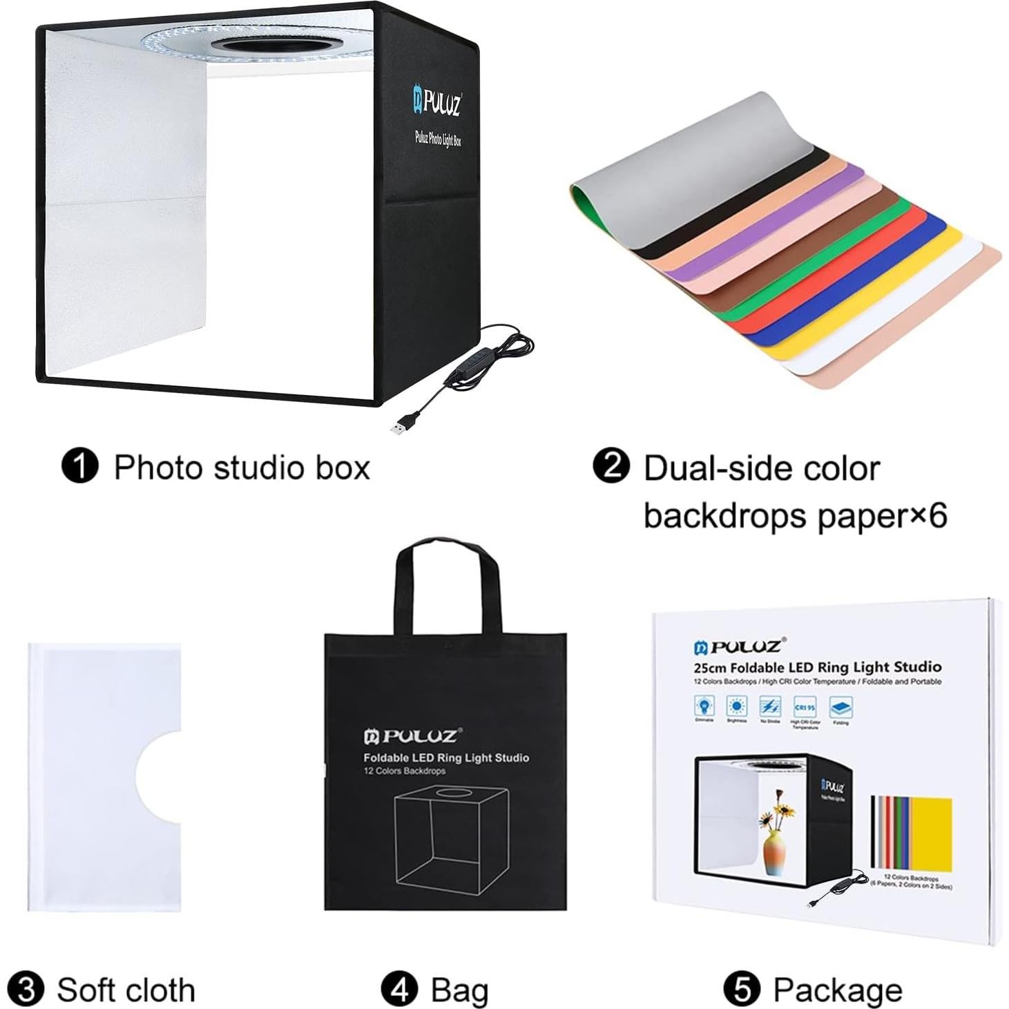 Caja de Luz de Estudio PULUZ 25 cm Portátil con 12 Fondos