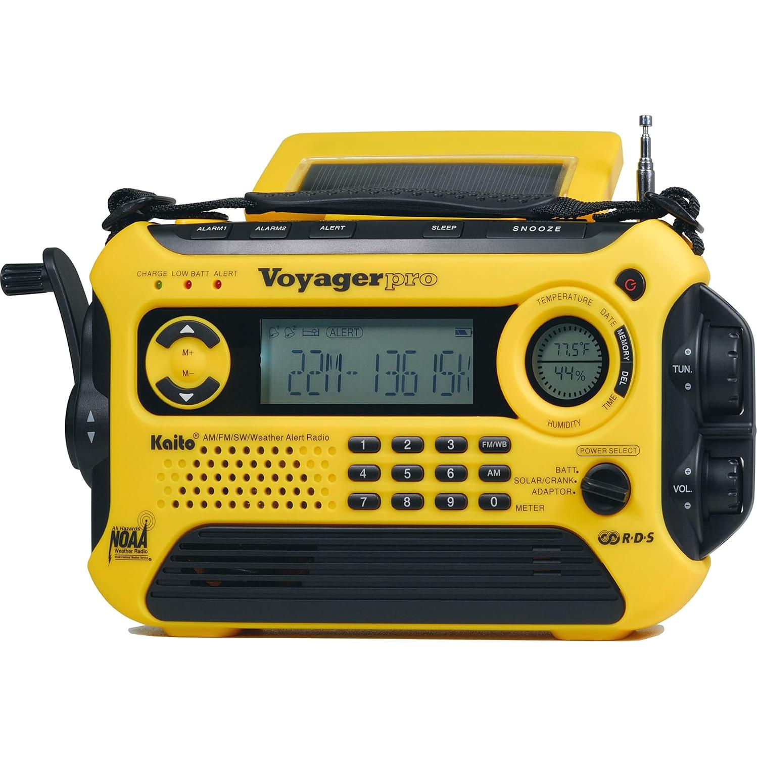 Kaito Voyager Pro KA600 Digital Solar Dynamo Crank Wind Up AM/FM/LW/SW & NOAA Weather Emergency Radio with Alert, RDS & Smart Phone Charger, Yellow