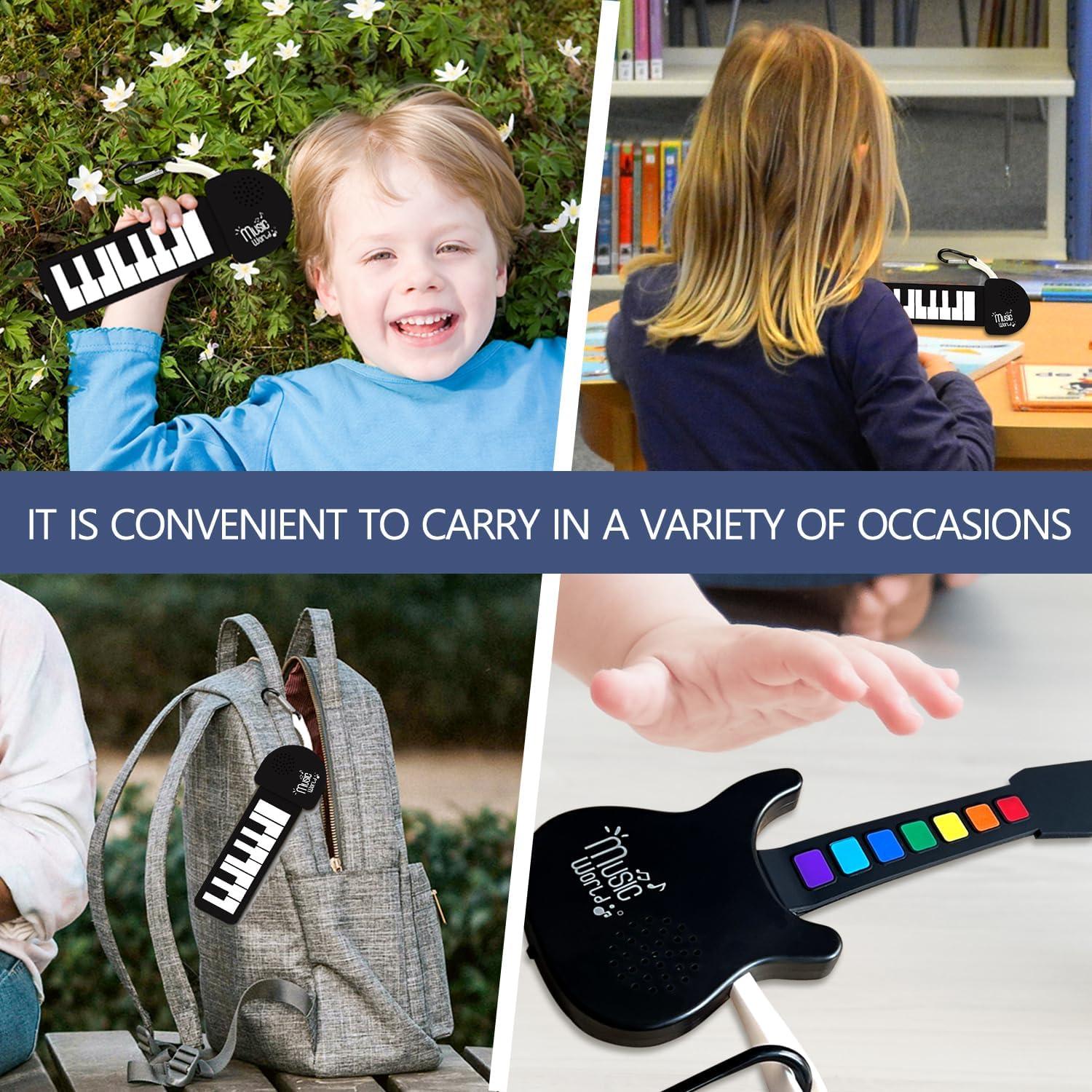 Mini Roll up Silicone Musical instuments Real Playable Keychain Toy Set Thumb On-Off Music Fidget Toy Guita Piano Jazz Drum Mini Stuff for Adults Kid Music Lover