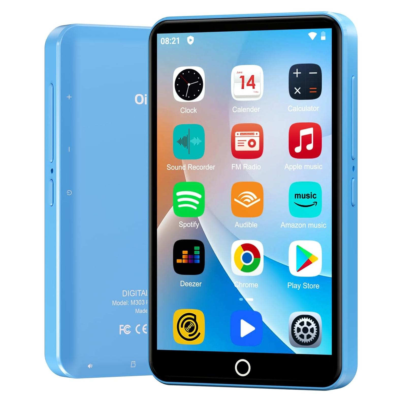 80GB MP3 Player with Bluetooth and WiFi, Android Player with Speaker Mp3 & Mp4 Music Player with Spotify, Amazon Music, Browser, Deezer, 4.0" Touch Screen, Download Music,Up to 512GB (Light Blue)