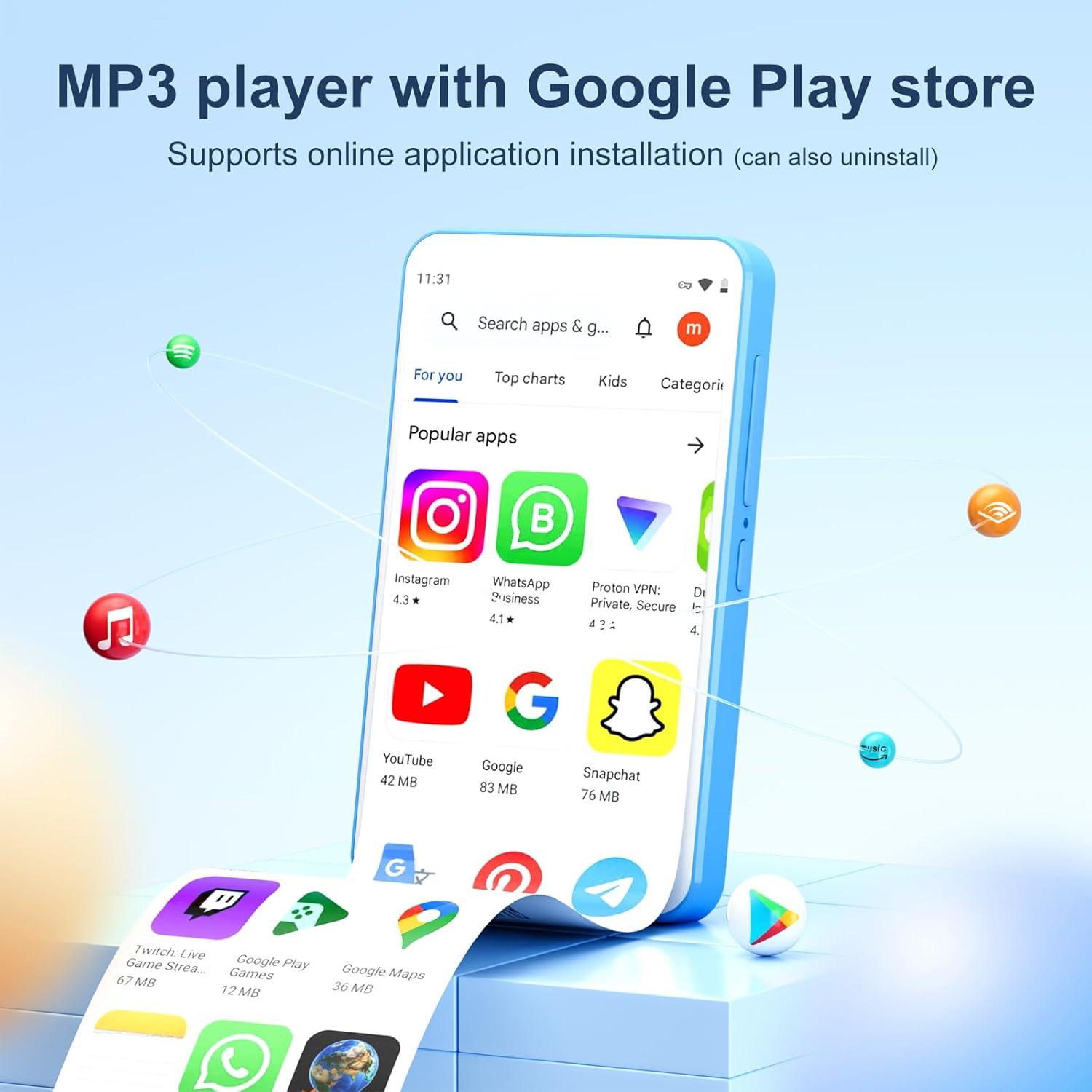 80GB MP3 Player with Bluetooth and WiFi, Android Player with Speaker Mp3 & Mp4 Music Player with Spotify, Amazon Music, Browser, Deezer, 4.0" Touch Screen, Download Music,Up to 512GB (Light Blue)