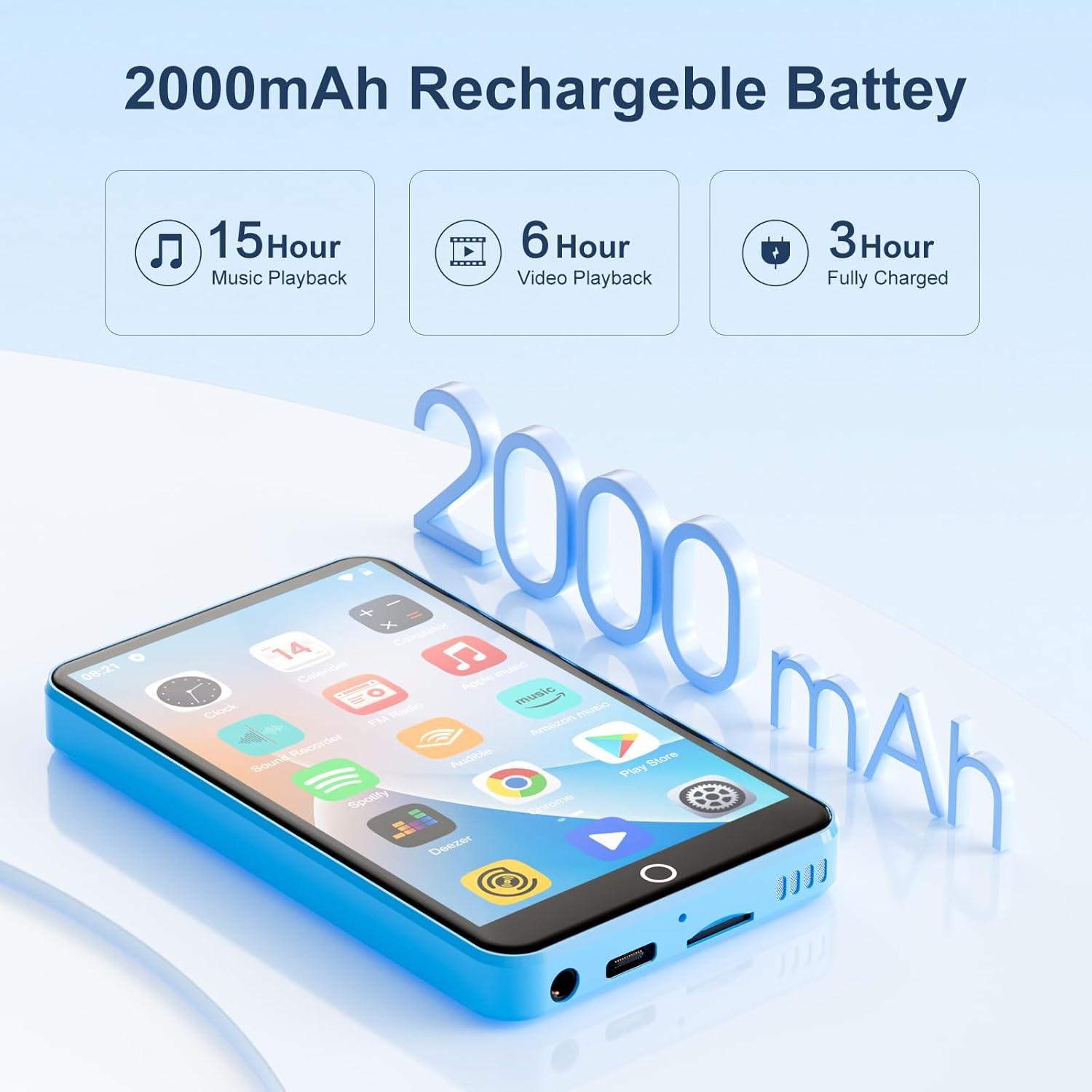 80GB MP3 Player with Bluetooth and WiFi, Android Player with Speaker Mp3 & Mp4 Music Player with Spotify, Amazon Music, Browser, Deezer, 4.0" Touch Screen, Download Music,Up to 512GB (Light Blue)