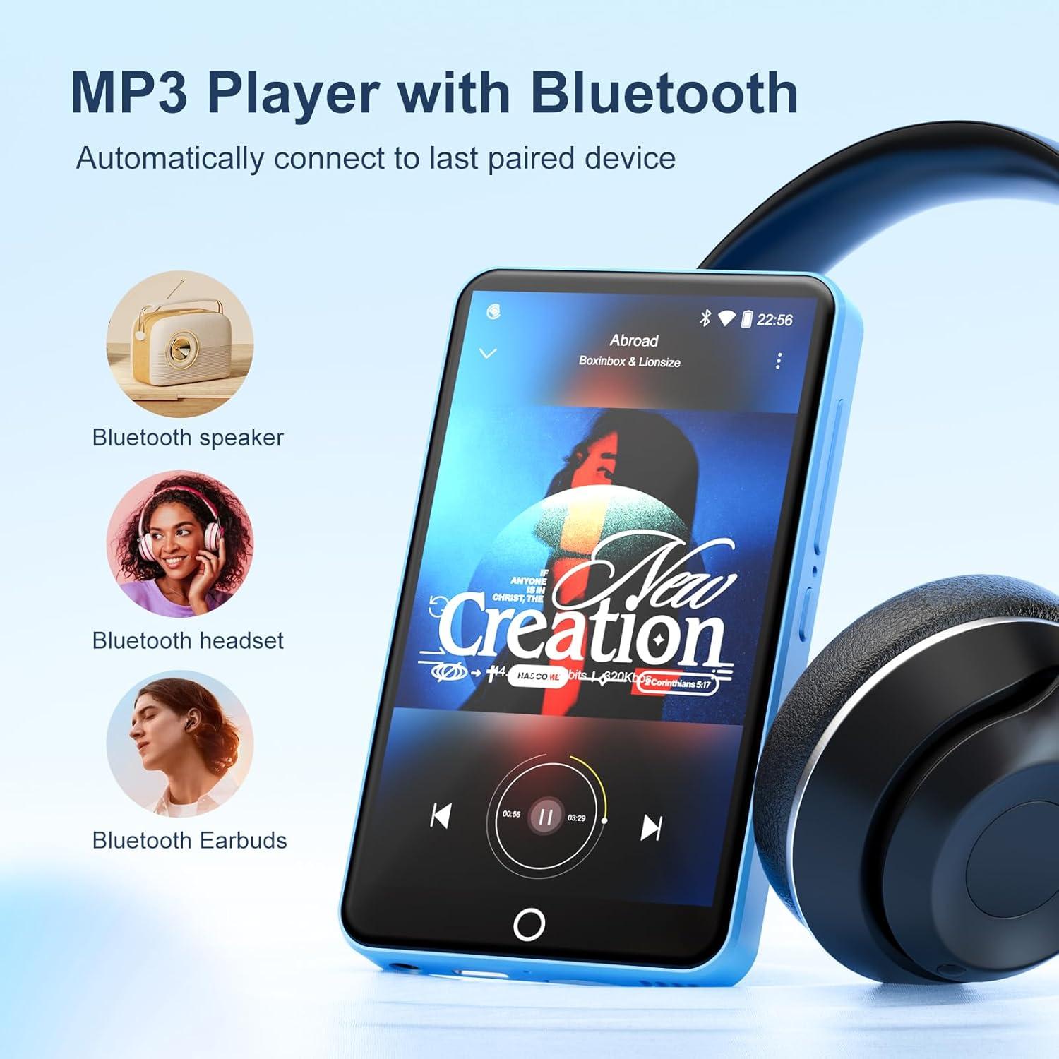 80GB MP3 Player with Bluetooth and WiFi, Android Player with Speaker Mp3 & Mp4 Music Player with Spotify, Amazon Music, Browser, Deezer, 4.0" Touch Screen, Download Music,Up to 512GB (Light Blue)