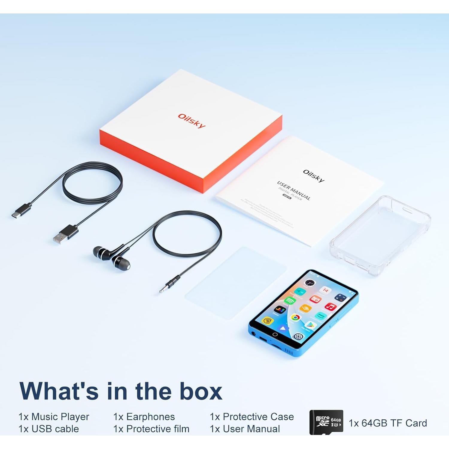 80GB MP3 Player with Bluetooth and WiFi, Android Player with Speaker Mp3 & Mp4 Music Player with Spotify, Amazon Music, Browser, Deezer, 4.0" Touch Screen, Download Music,Up to 512GB (Light Blue)