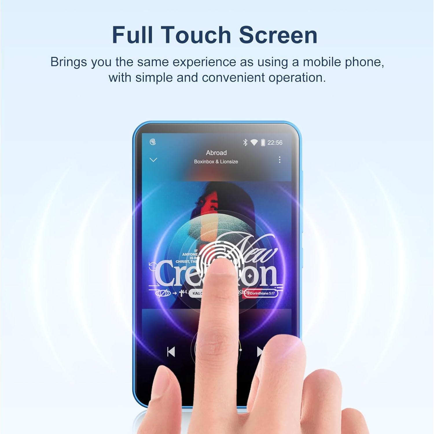 80GB MP3 Player with Bluetooth and WiFi, Android Player with Speaker Mp3 & Mp4 Music Player with Spotify, Amazon Music, Browser, Deezer, 4.0" Touch Screen, Download Music,Up to 512GB (Light Blue)