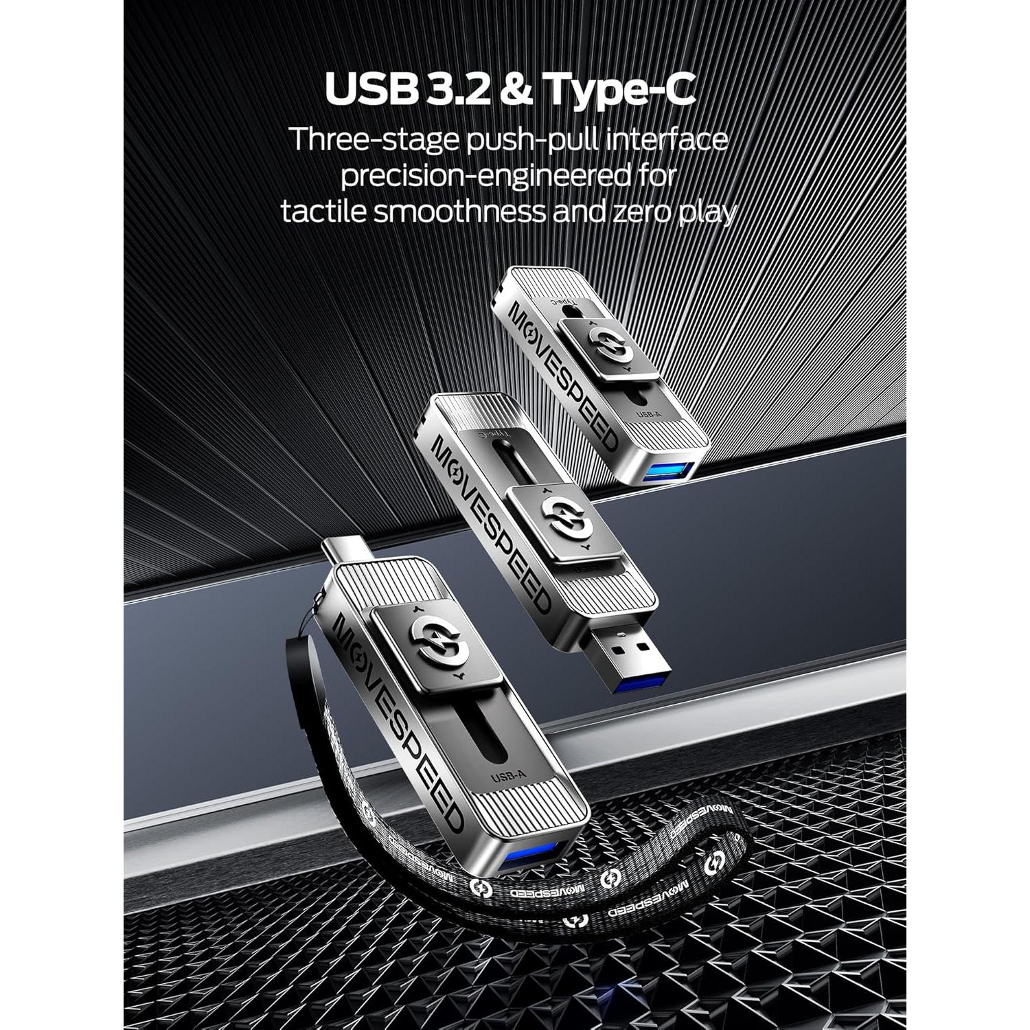 MOVE SPEED 128GB Solid State Drives with Dual Ports & Push-Pull Design — 560MB/s Read Speed, Type C + USB 3.2 Drive Portable ssd for iPhone 15/16/Android/Mac