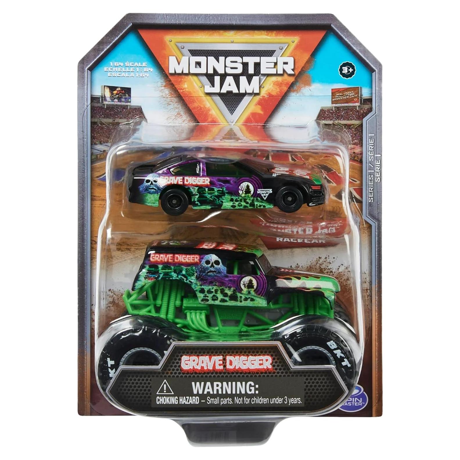 Monster Jam Official 1:64 Scale Diecast 2-Pack Monster Truck and Race Car: Grave Digger