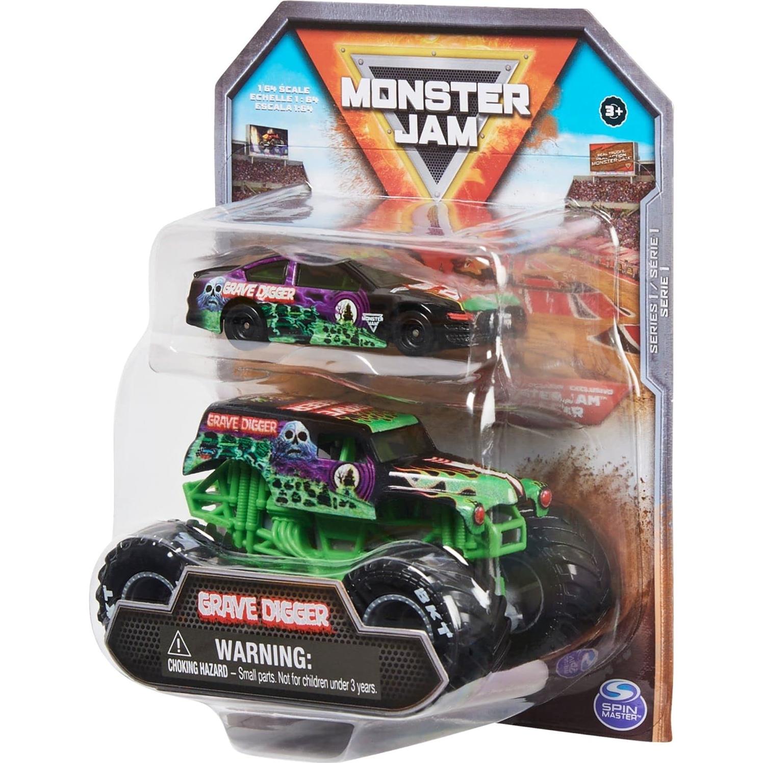 Monster Jam Official 1:64 Scale Diecast 2-Pack Monster Truck and Race Car: Grave Digger
