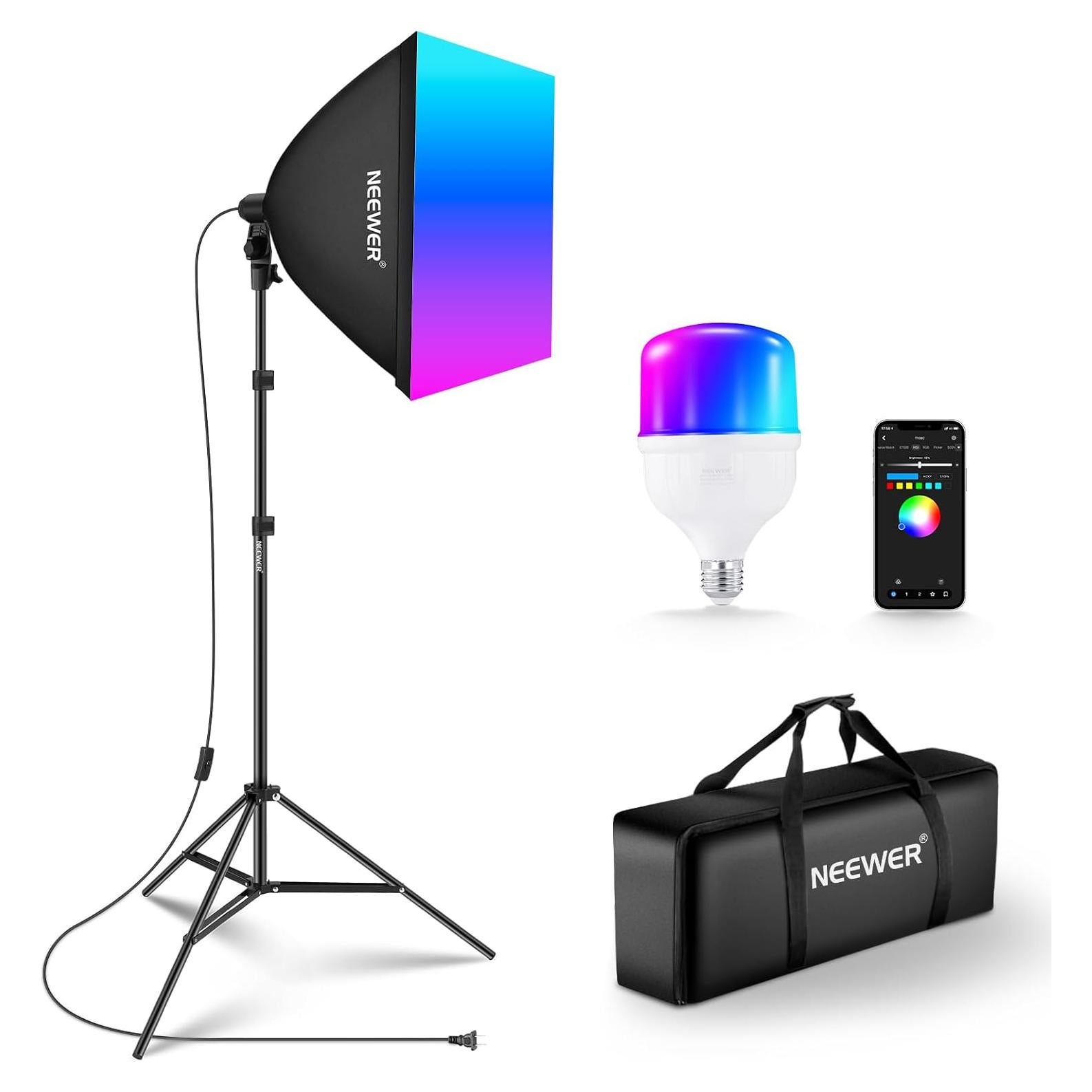 NEEWER RGB Softbox Lighting Kit with App Control & 9 Effect Modes, 26W LED Bulb CRI93+ TLCI98+, E26 Porcelain Socket, 24" Softbox, for Studio Photography Lighting, NK800