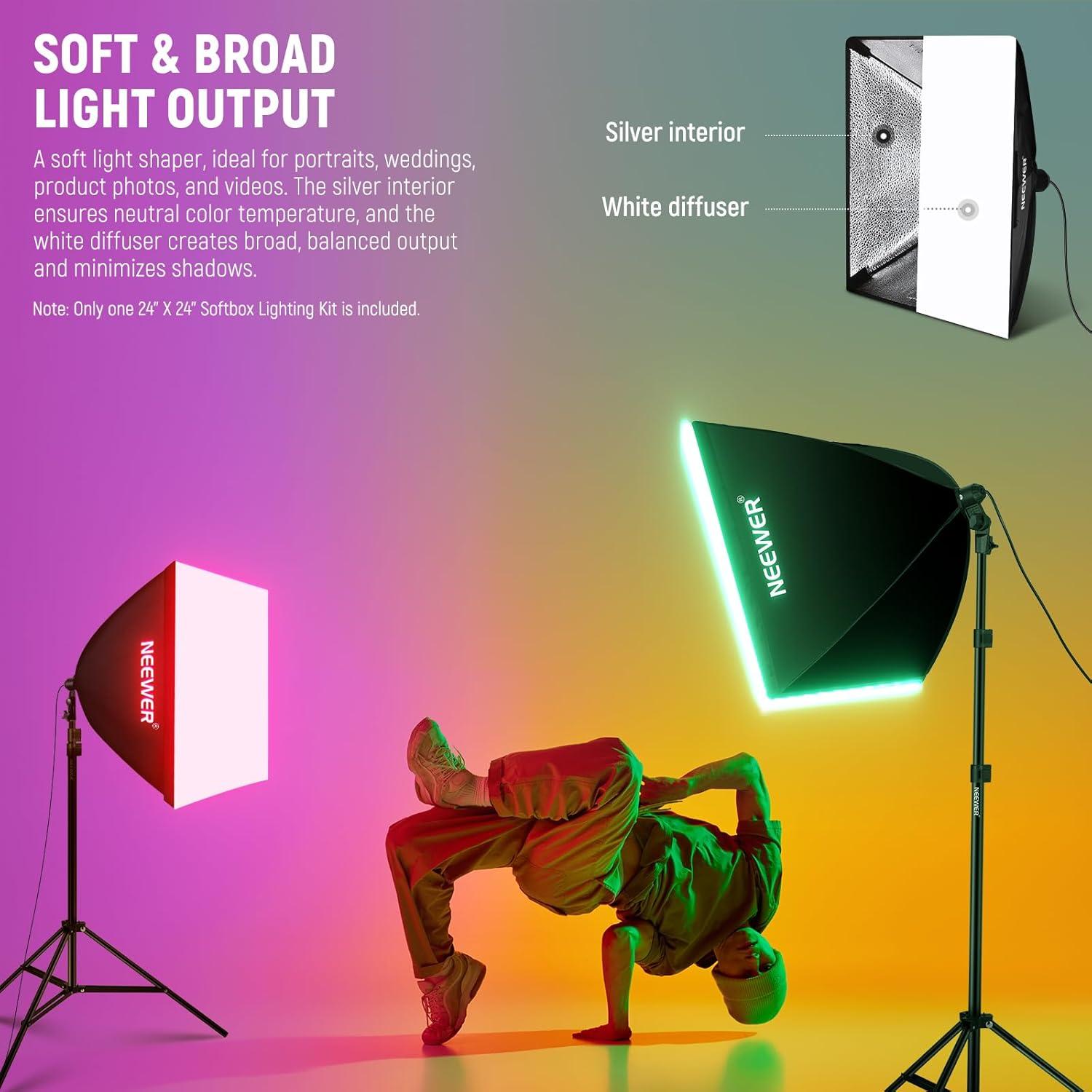 NEEWER RGB Softbox Lighting Kit with App Control & 9 Effect Modes, 26W LED Bulb CRI93+ TLCI98+, E26 Porcelain Socket, 24" Softbox, for Studio Photography Lighting, NK800