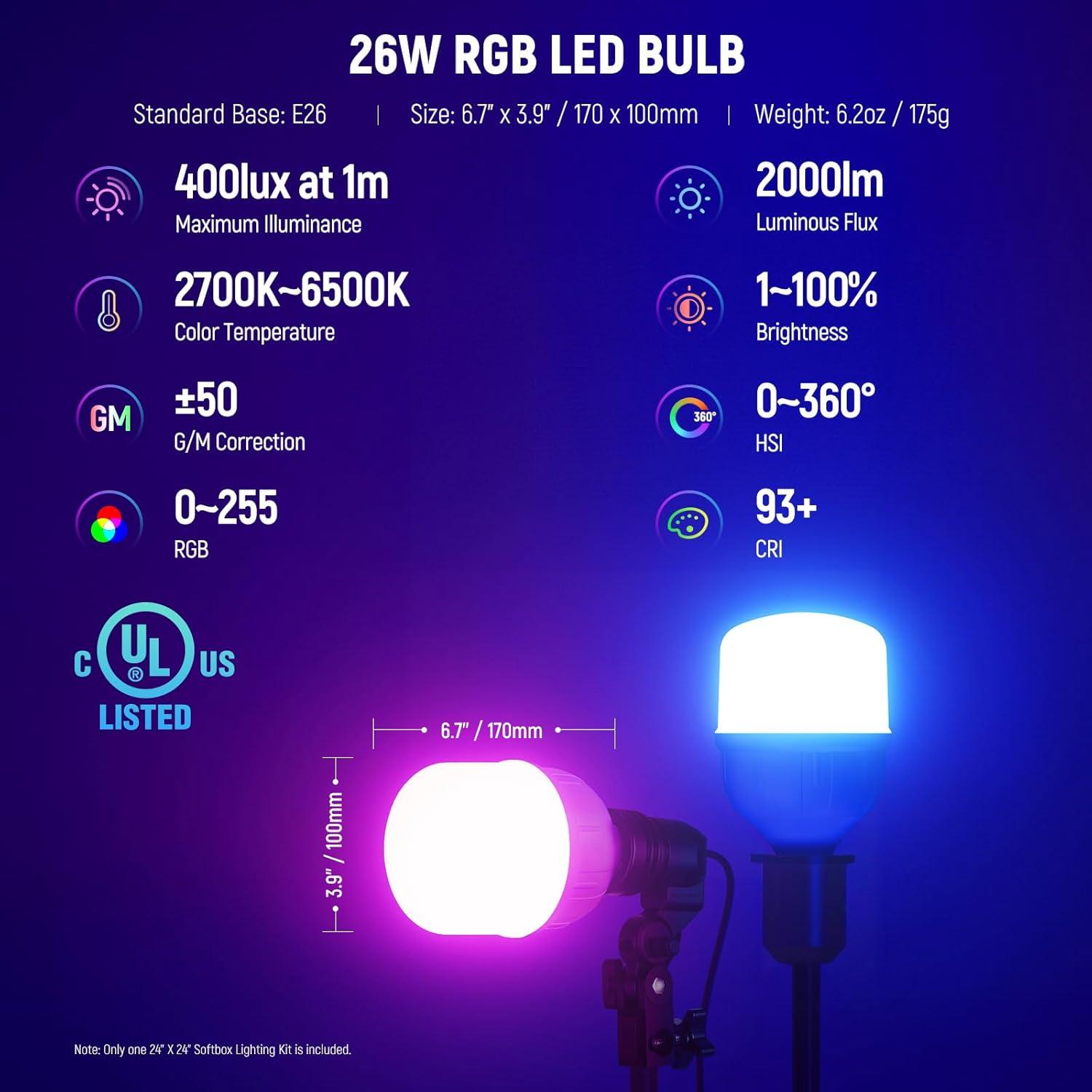 NEEWER RGB Softbox Lighting Kit with App Control & 9 Effect Modes, 26W LED Bulb CRI93+ TLCI98+, E26 Porcelain Socket, 24" Softbox, for Studio Photography Lighting, NK800