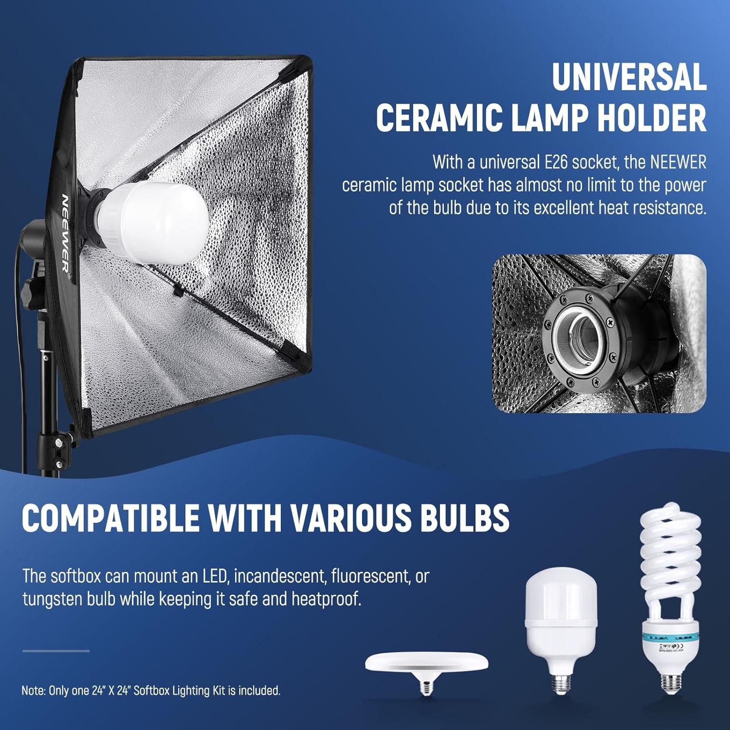 NEEWER RGB Softbox Lighting Kit with App Control & 9 Effect Modes, 26W LED Bulb CRI93+ TLCI98+, E26 Porcelain Socket, 24" Softbox, for Studio Photography Lighting, NK800