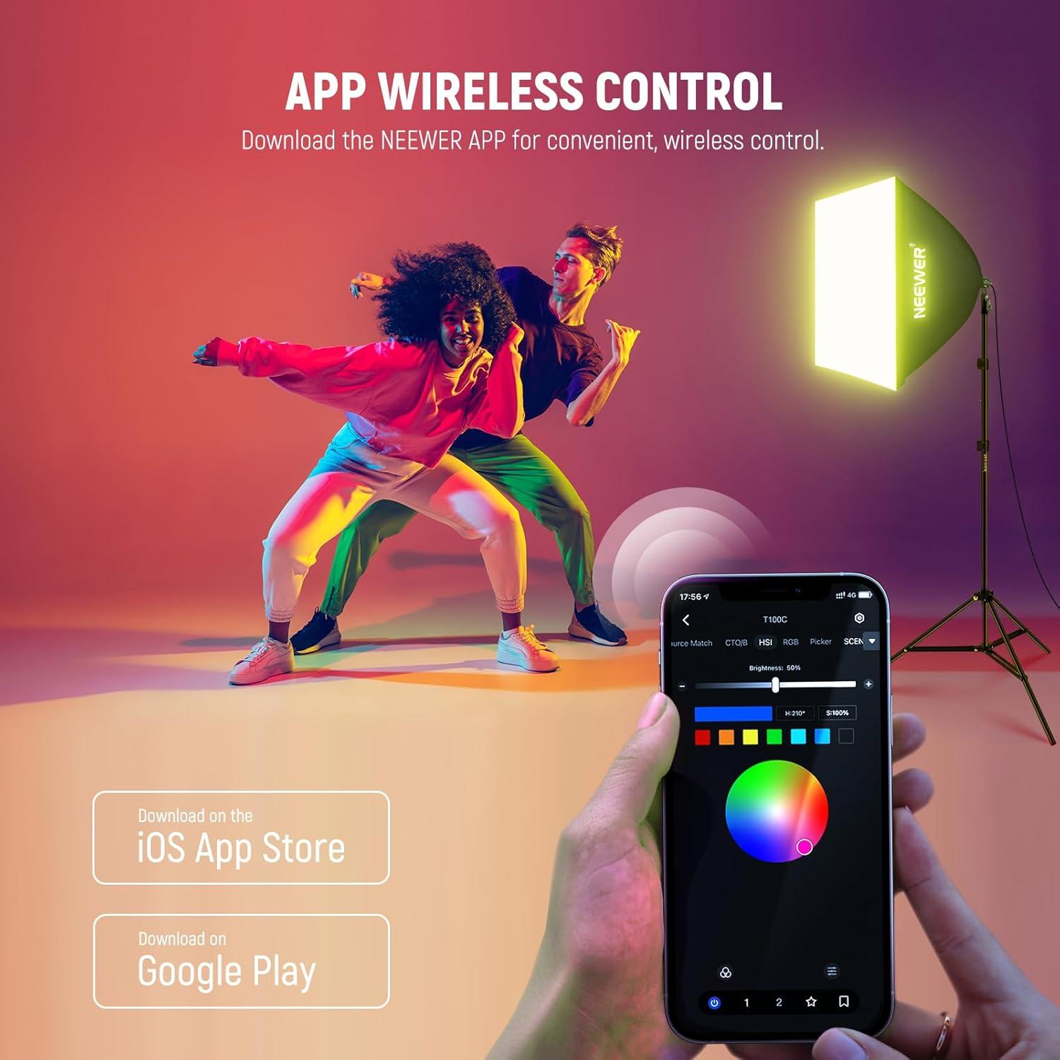 NEEWER RGB Softbox Lighting Kit with App Control & 9 Effect Modes, 26W LED Bulb CRI93+ TLCI98+, E26 Porcelain Socket, 24" Softbox, for Studio Photography Lighting, NK800