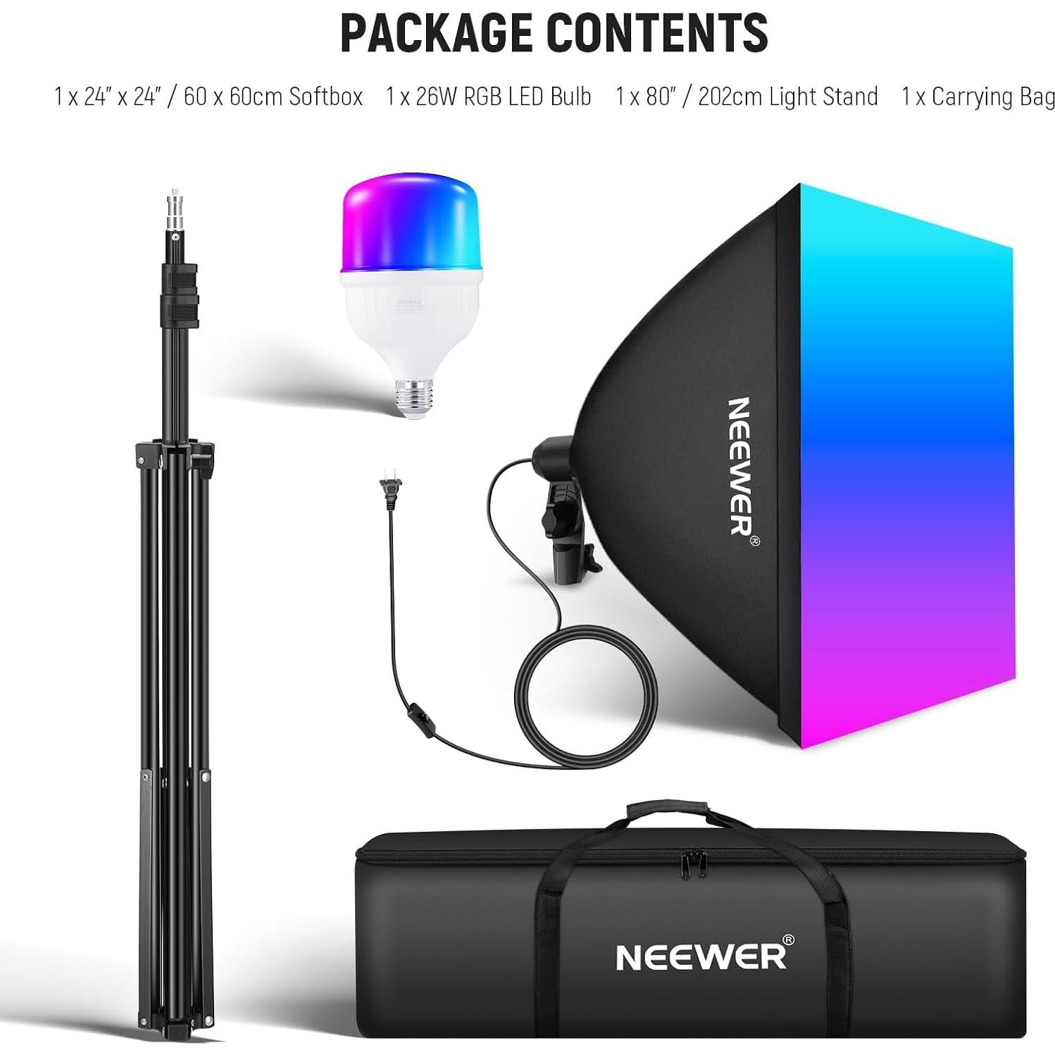 NEEWER RGB Softbox Lighting Kit with App Control & 9 Effect Modes, 26W LED Bulb CRI93+ TLCI98+, E26 Porcelain Socket, 24" Softbox, for Studio Photography Lighting, NK800