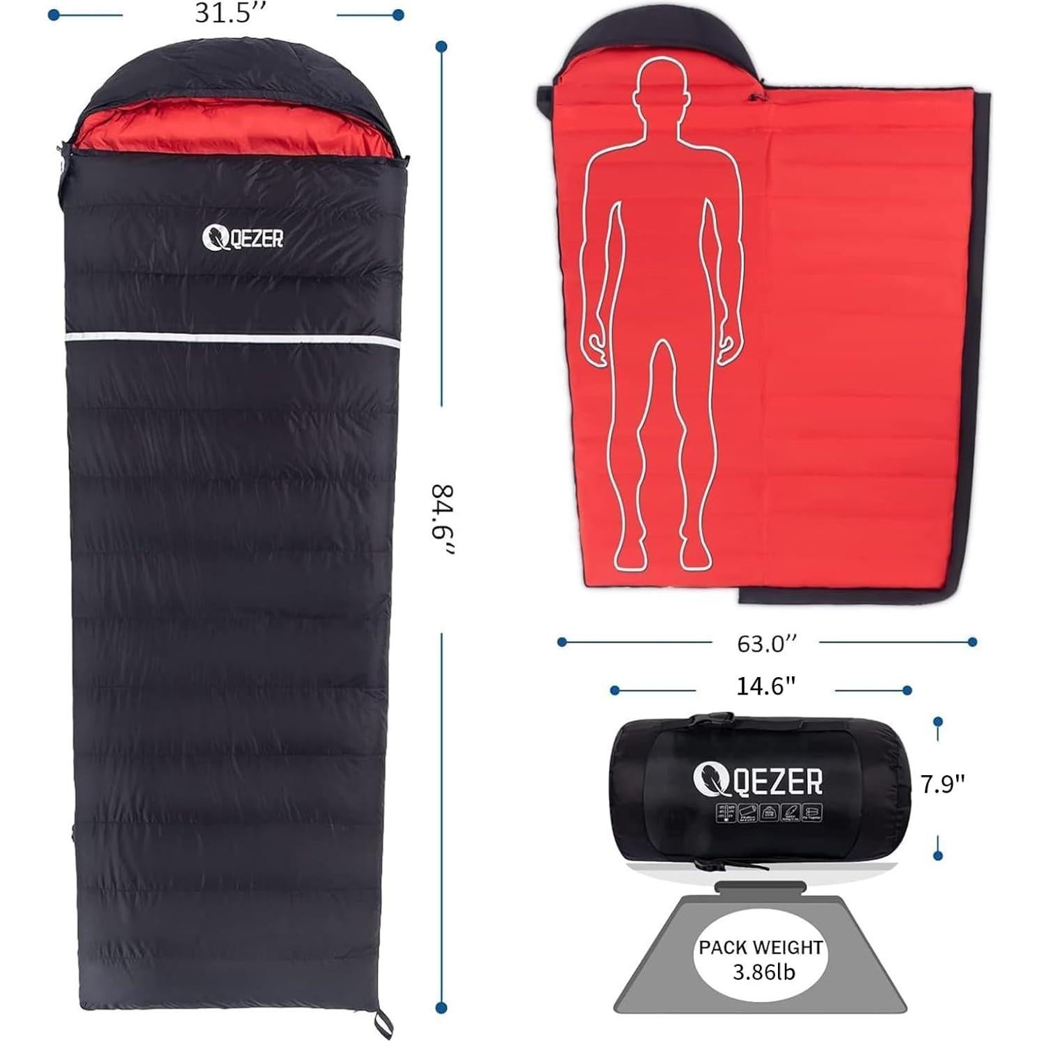 Saco de dormir QEZER de plumas 1000g, ultraligero -7.8°C